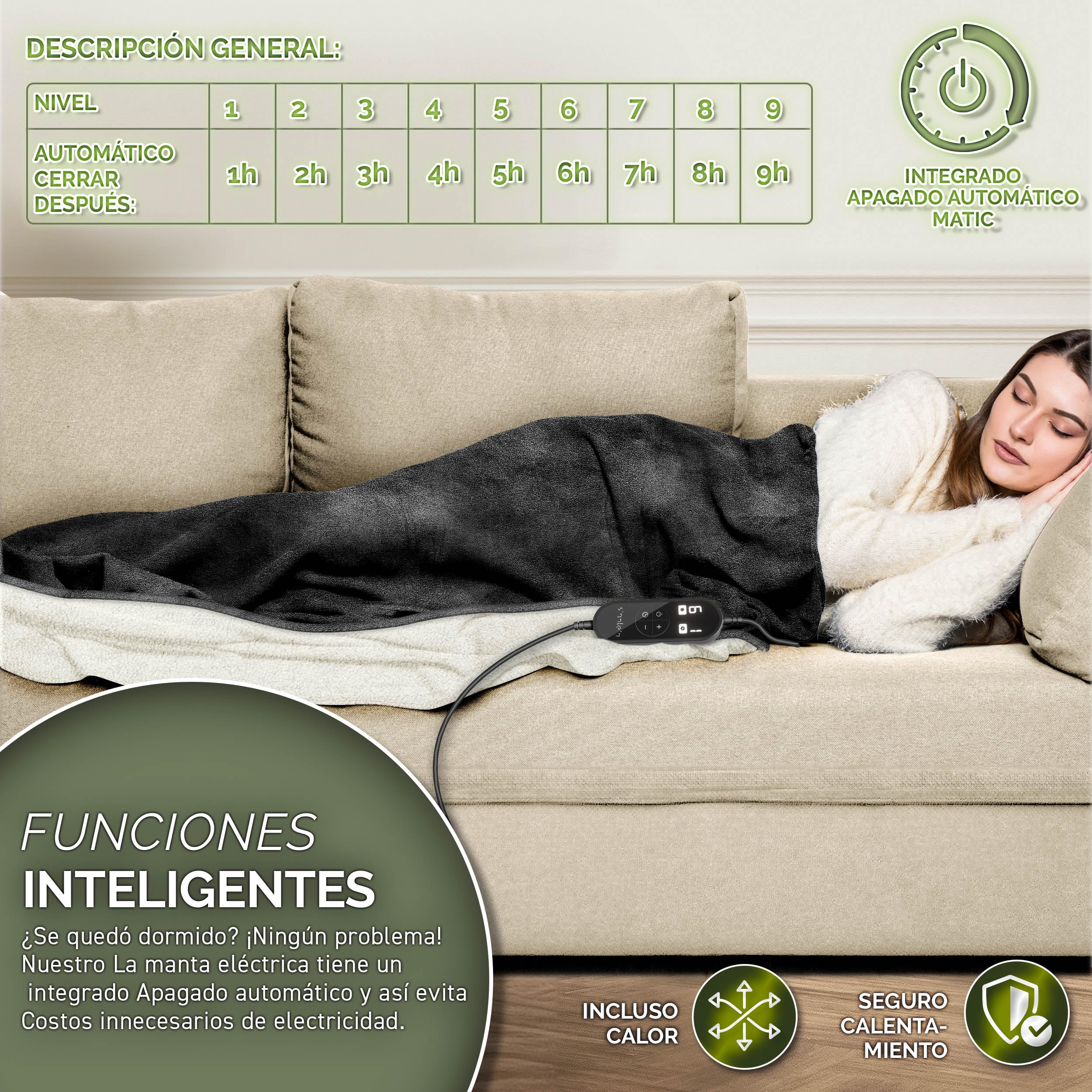 sinnlein® Manta electrica con Apagado automático | Manta térmica eléctrica con 9 Niveles de Temperatura | Manta acogedora para Cama, sofá | Cobija eléctrica con Temporizador y Pantalla Digital