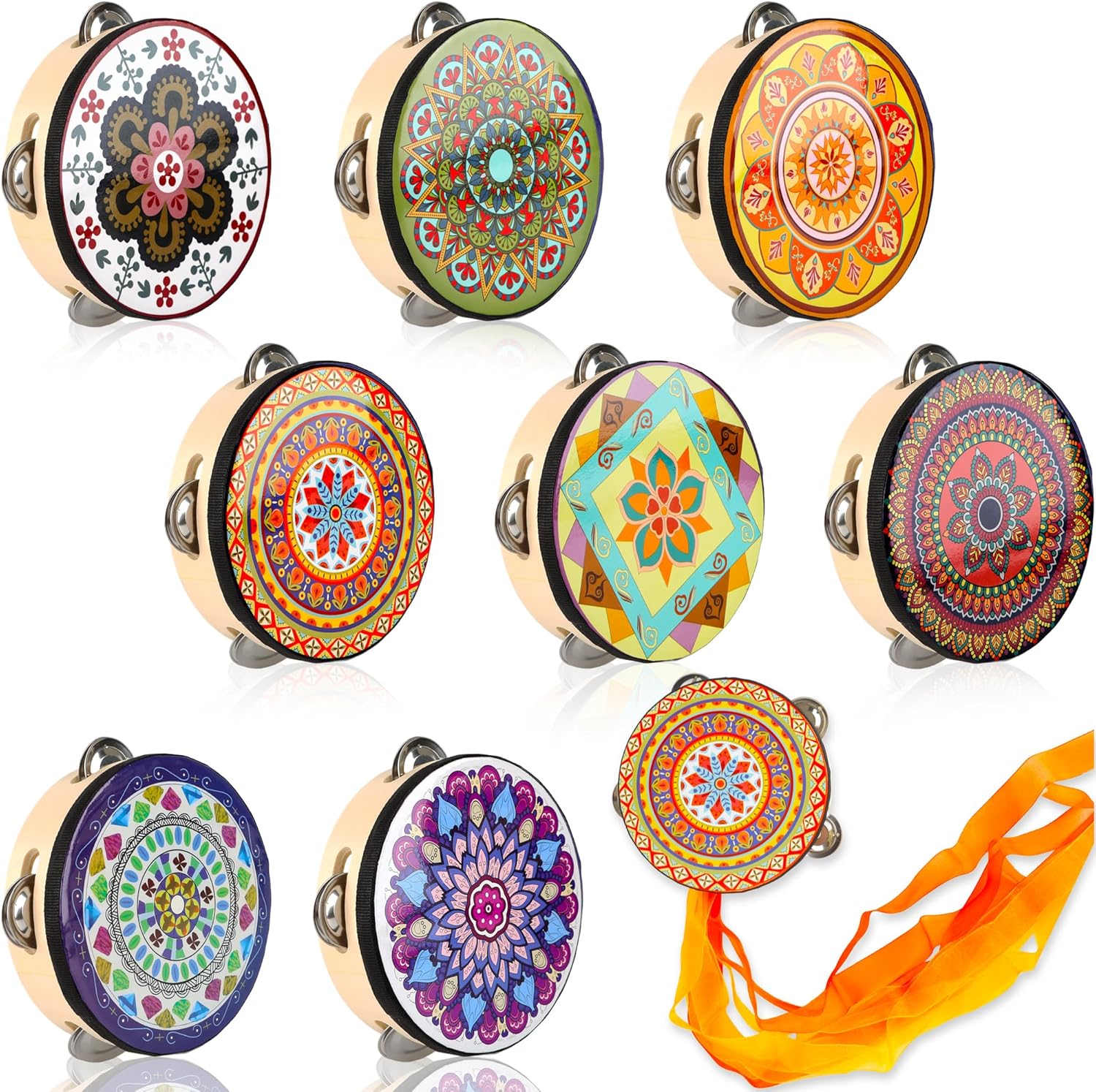 8 Pcs 6 Inch Colorful Tambourines Wooden Drum Wedding Hand Held Drum Bell Tambourine with Metal Jingles and Ribbons Musical Instruments Percussion for Adult Church Dance