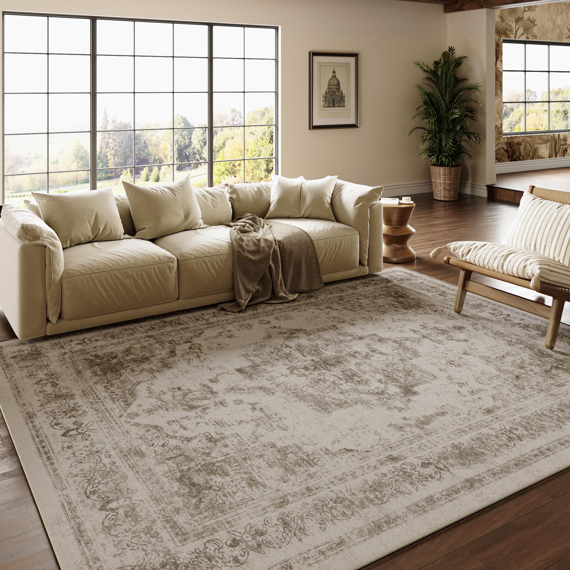 PureCozy Area Rug 9x12 Indoor Bedroom Rug Taupe Vintage Medallion Washable Living Room Carpet Retro Accent Throw Rug Distressed Rug for Office Dining Room