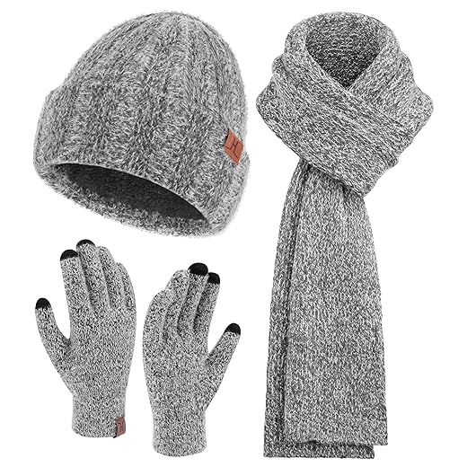Womens Winter Warm Knit Beanie Hat Touchscreen Gloves Long Neck Scarf Set with Fleece Lined Skull Caps Gifts for Women Men