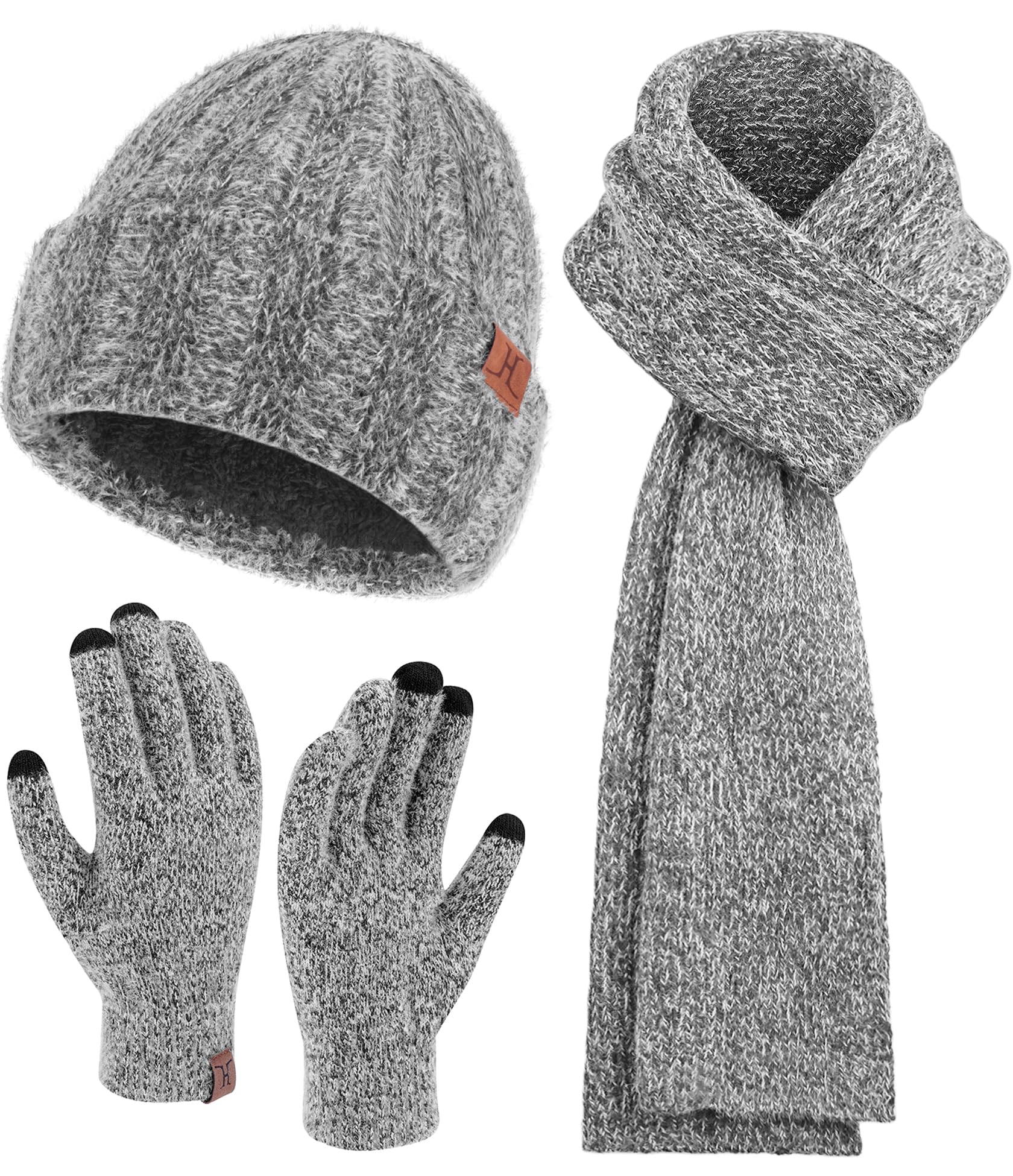 Womens Winter Warm Knit Beanie Hat Touchscreen Gloves Long Neck Scarf Set with Fleece Lined Skull Caps Gifts for Women
