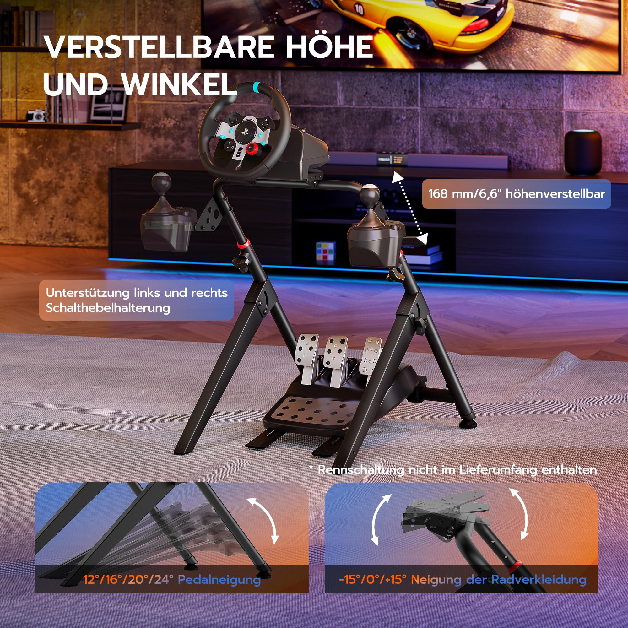 ARES WING Lenkradständer kompatibel mit Fanatec, Thrustmaster, Logitech, Moza, faltbares SIM Racing Cockpit für Lenkrad Gaming Wheel Stand, neigungsverstellbar für PS4 Xbox PC