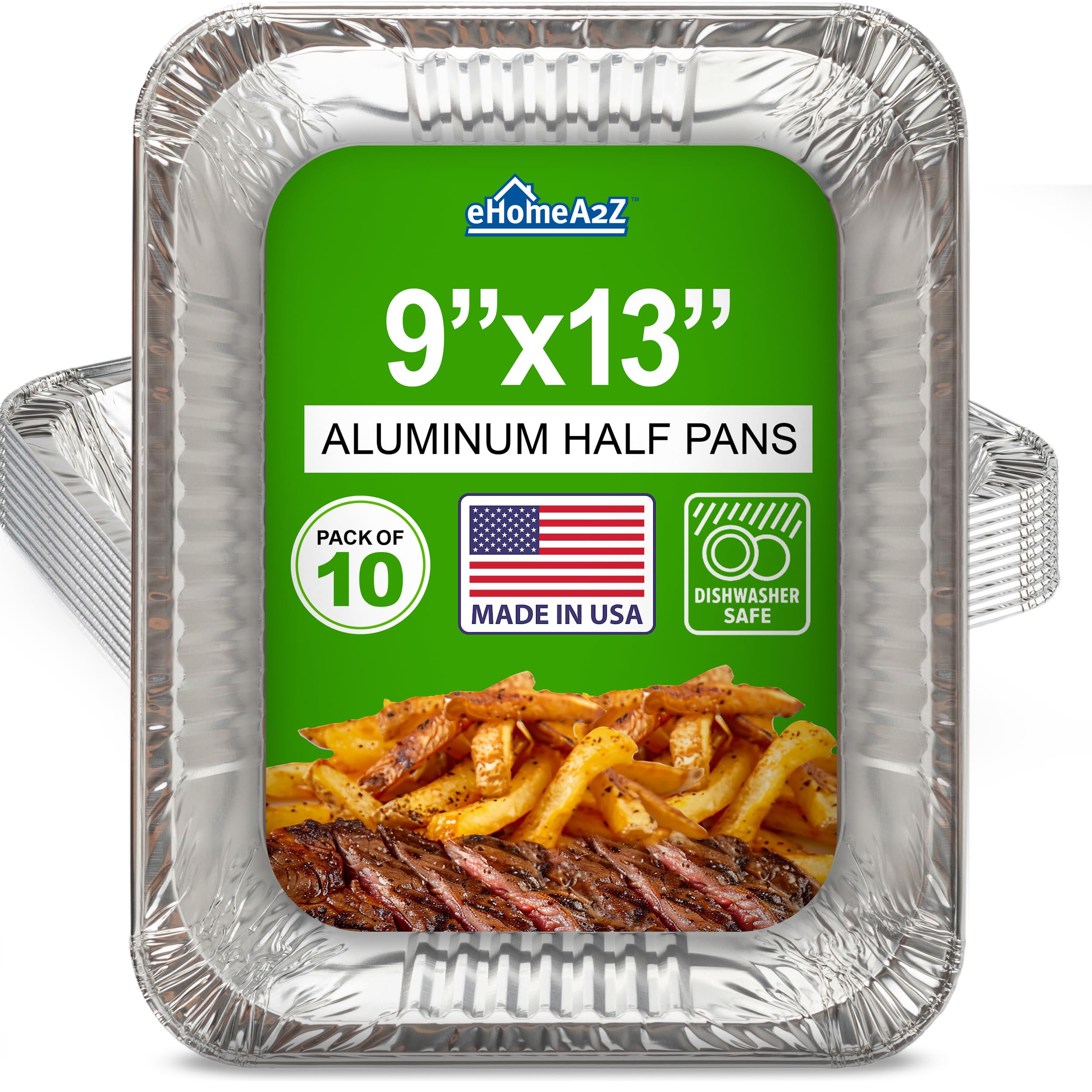 EHOMEA2Z Aluminum Pans Disposable Half Size (10 Pack) – MADE IN USA – 9x13 Heavy Duty Foil Pans, Durable & Recyclable Baking Pans, Eco-Friendly, Lightweight, Great for BBQ, Parties & Catering