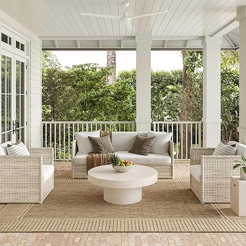 nuLOOM 9’6″ x 12′ Outdoor Rug — Durable, Stain-Resistant with Striped Border (Light Brown)