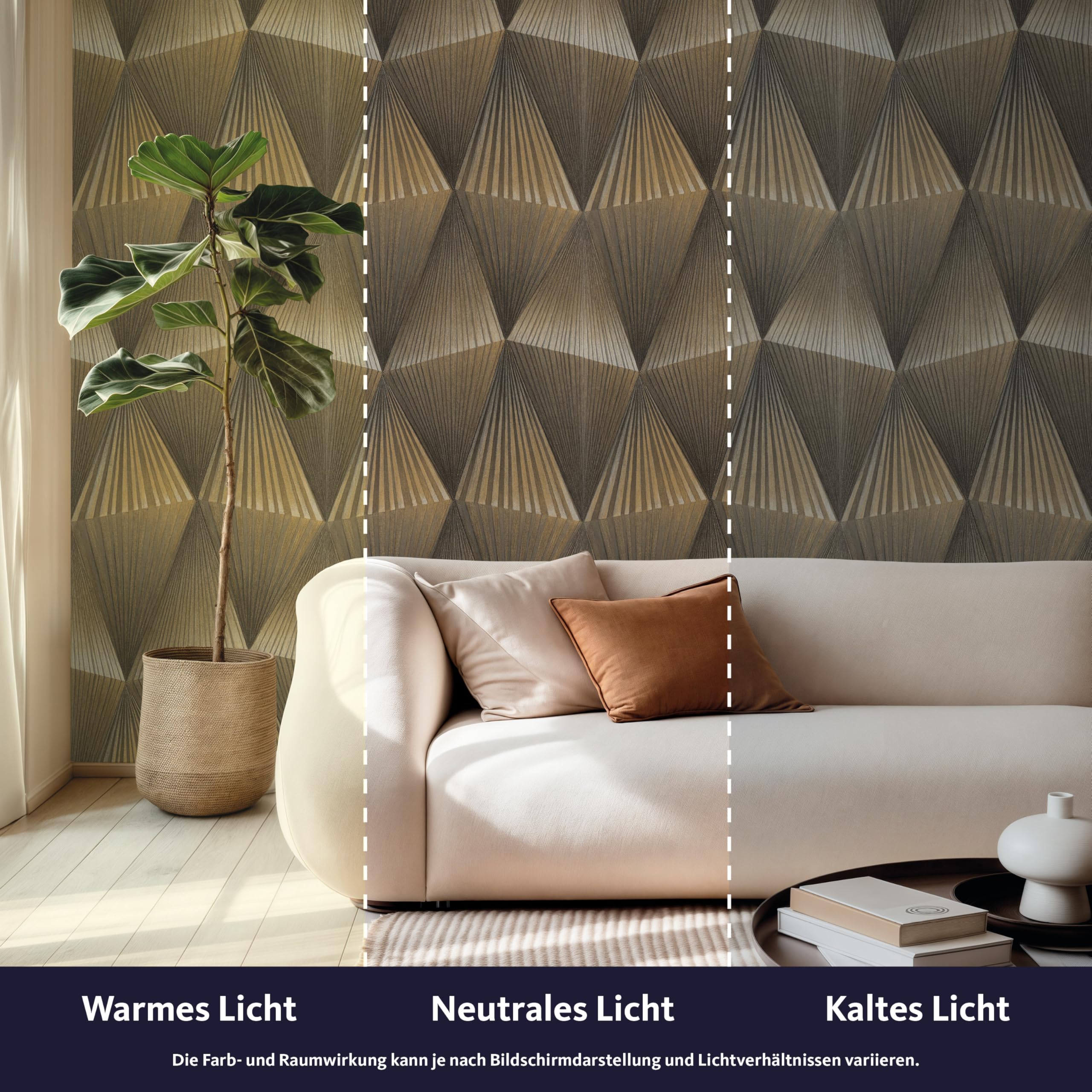Rasch Papel pintado autoadhesivo 3D Cairo – Papel pintado texturizado geométrico efecto 3D en oro – Fácil de colocar sin pegamento con tecnología adhesiva Tesa – 6 m x 0,53 m