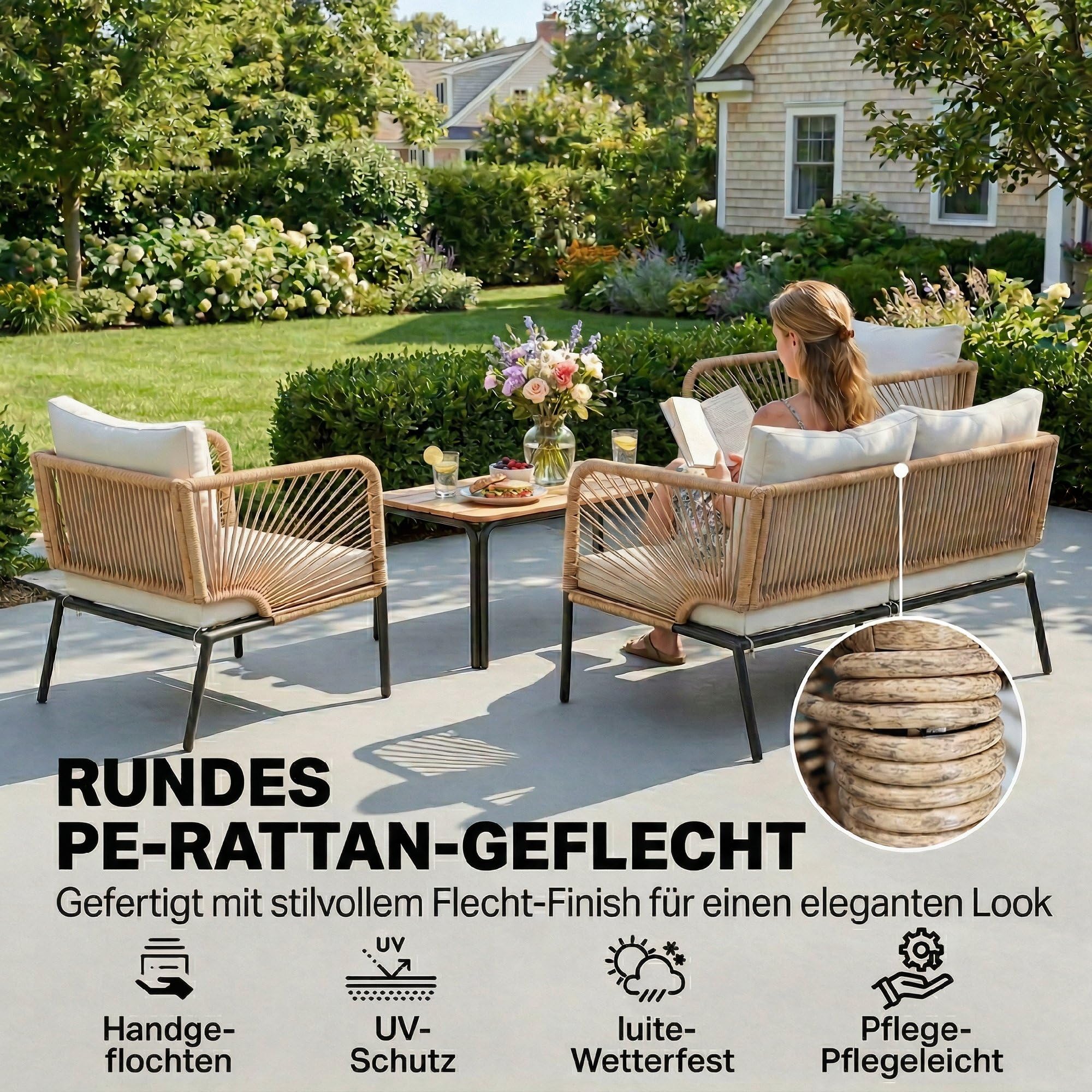 Outsunny Gartenmöbel Set Rattan Sitzgruppe für 4 Personen 2er Sofa Weiß | Gartenlounge, 2 Sessel, Lamell-Tisch, Seilflecht, Waschbar Sitzkissen, Holzoptik, Outdoor Balkonmöbel