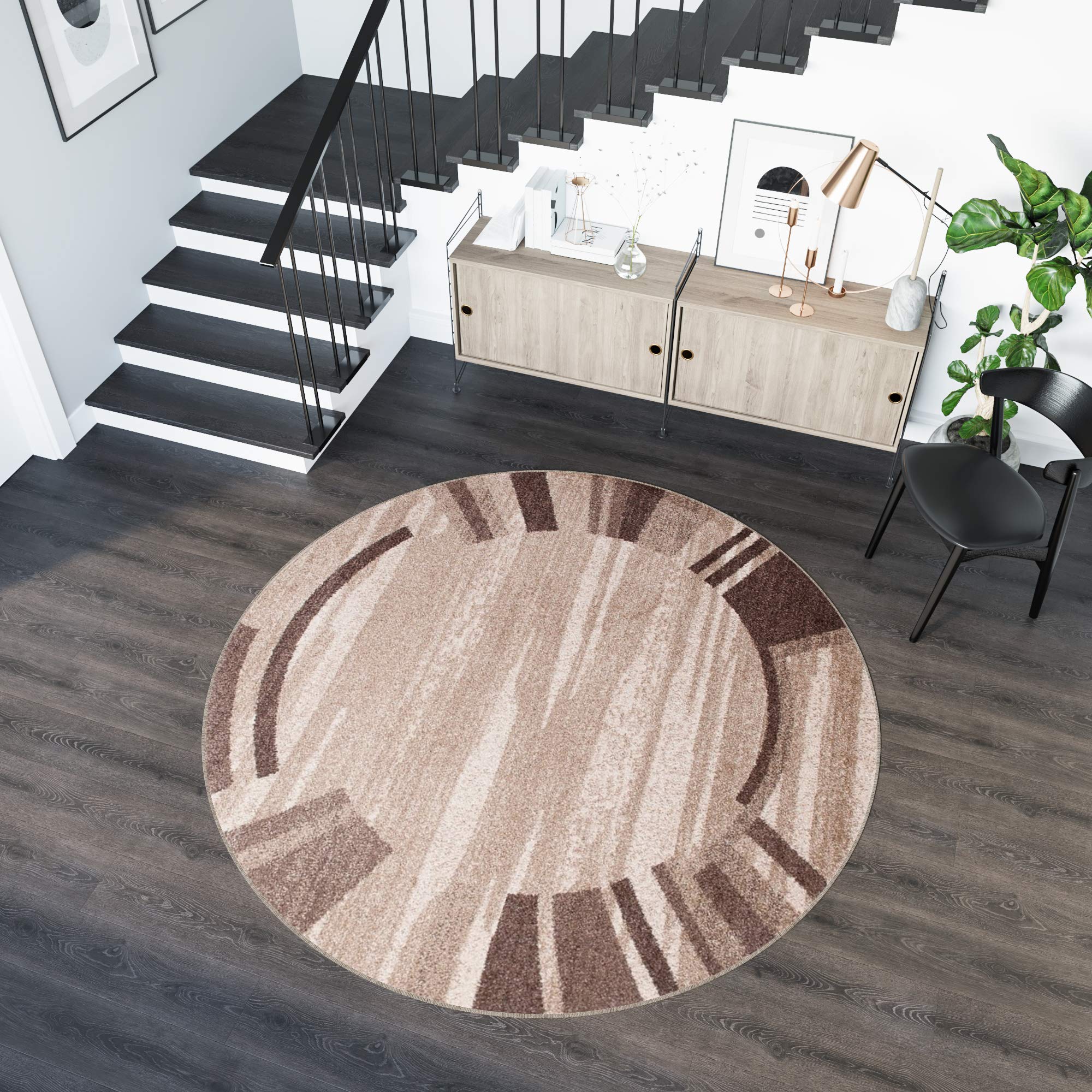 TAPISO Sari dywan okrągły, brązowy, beżowy, nowoczesny, paski, bordiura, melanż, design, do salonu, sypialni, Ökotex 150 x 150 cm