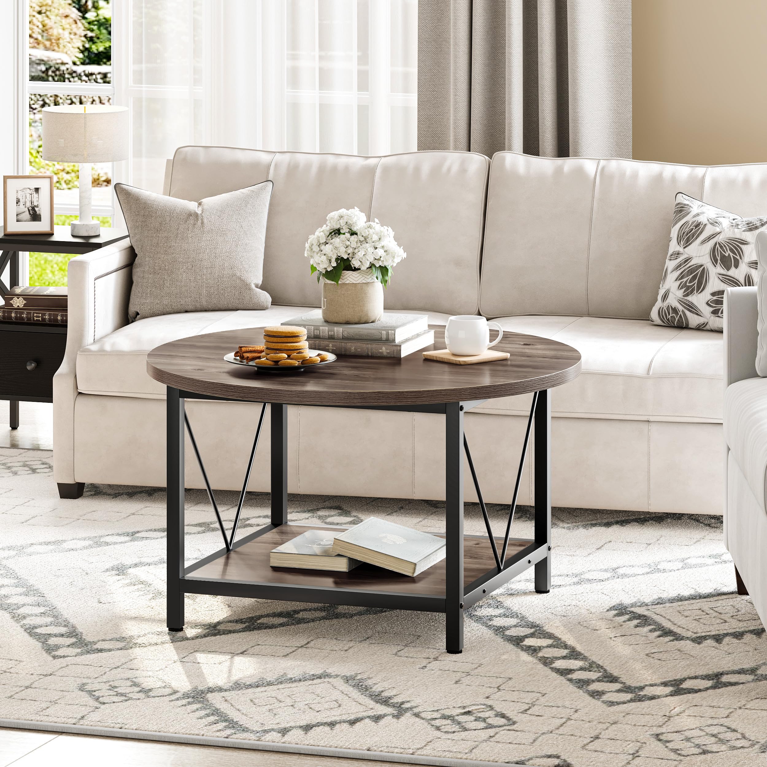 YITAHOME Mesa Auxiliar Redonda, Mesa Central Retro 80 x 80 x 46 cm, con Estante de Almacenamiento, Mesita Baja Sofá Industrial Moderna con Patas de Metal Resistentes, para Sala de Estar, Gris
