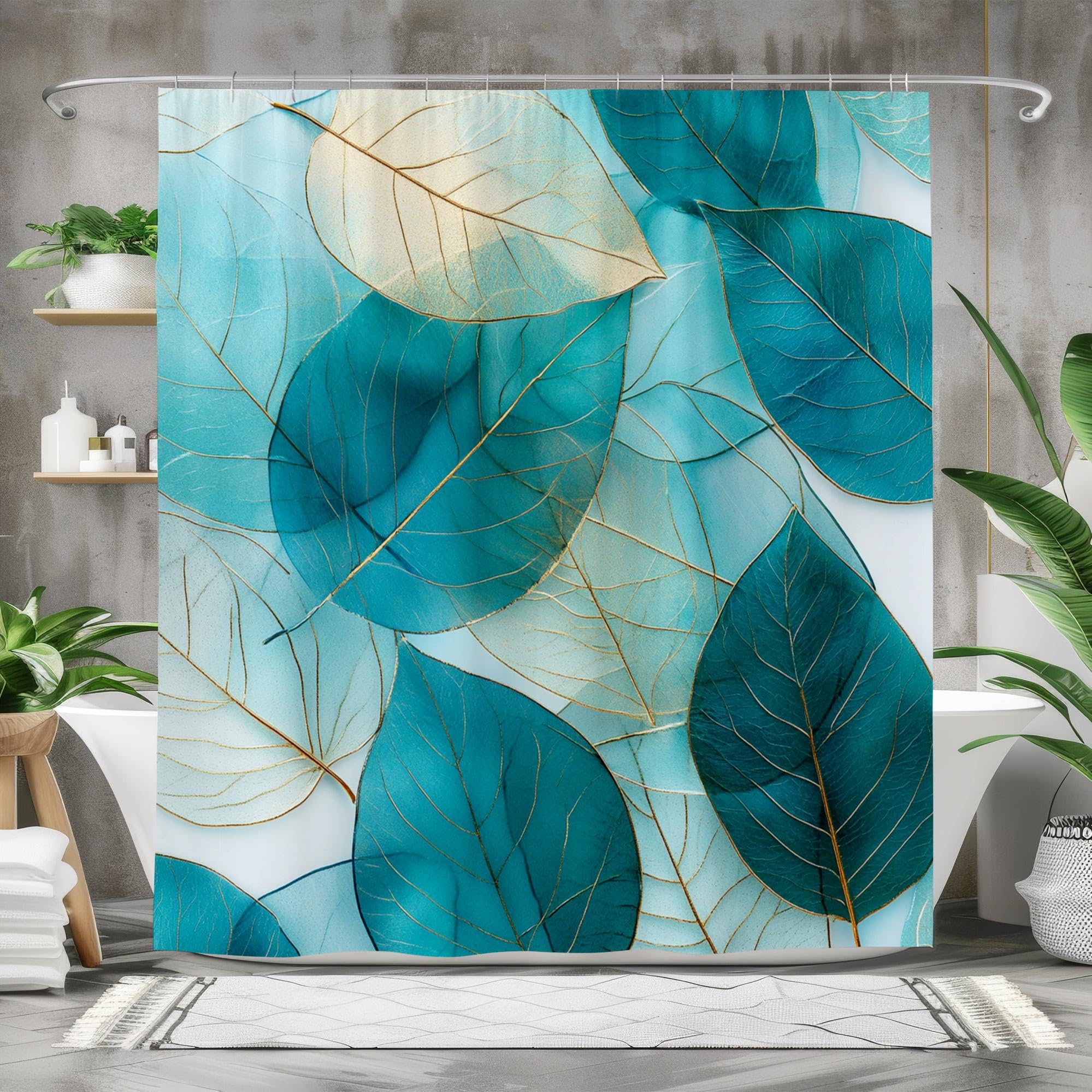 Cortina de Ducha de Tela Impermeable con Estampado de Hojas Color Verde Azulado para decoración de baño, Elegante diseño botánico para baño Moderno, Arte Abstracto (300x180cm/118x71in(WxH)/)