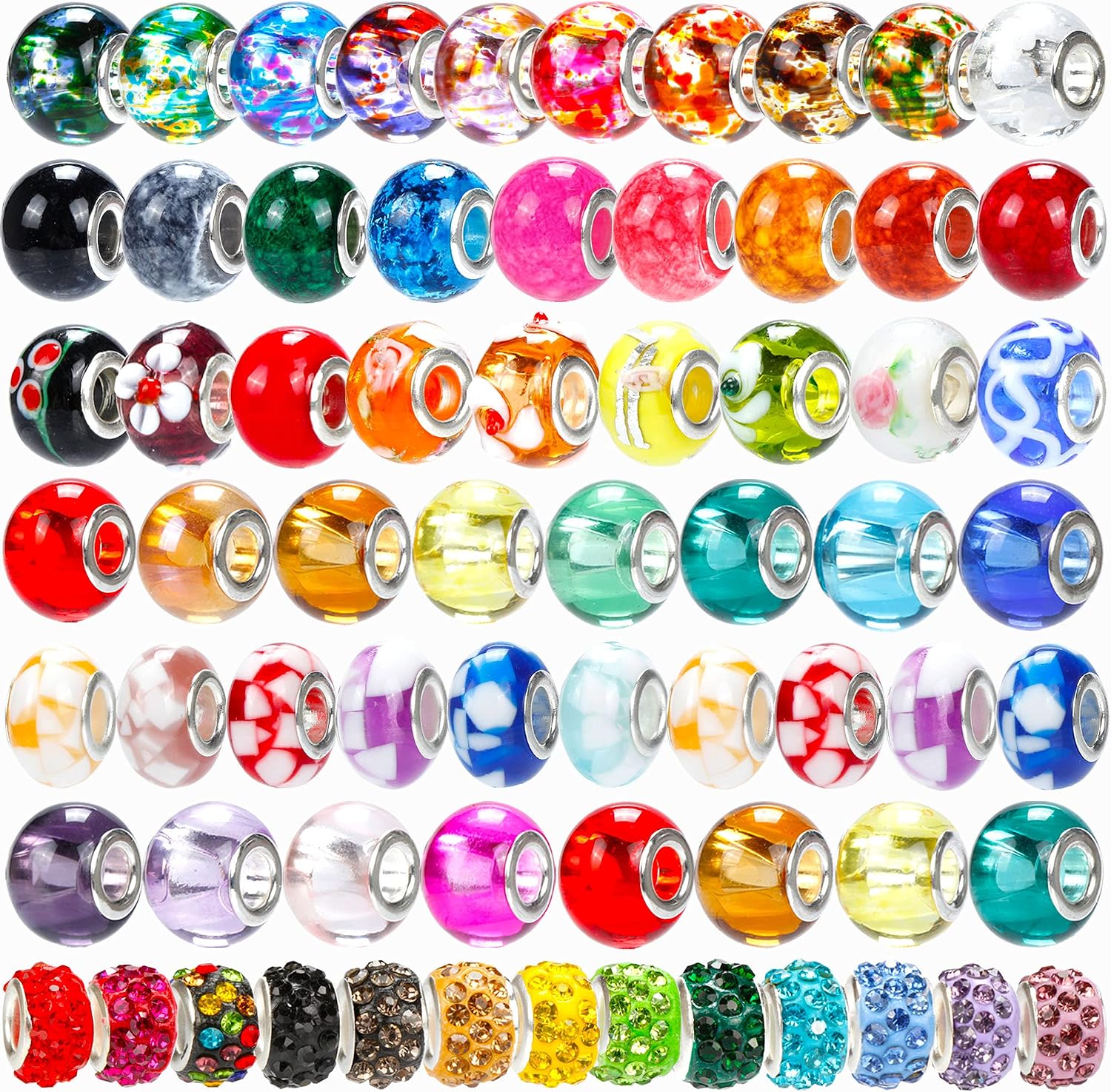 120 Pieces European Hole Beads Assortments Large Spacer Charm Beads Rhinestone Beads Supplies for Necklace Bracelets Jewelry Making