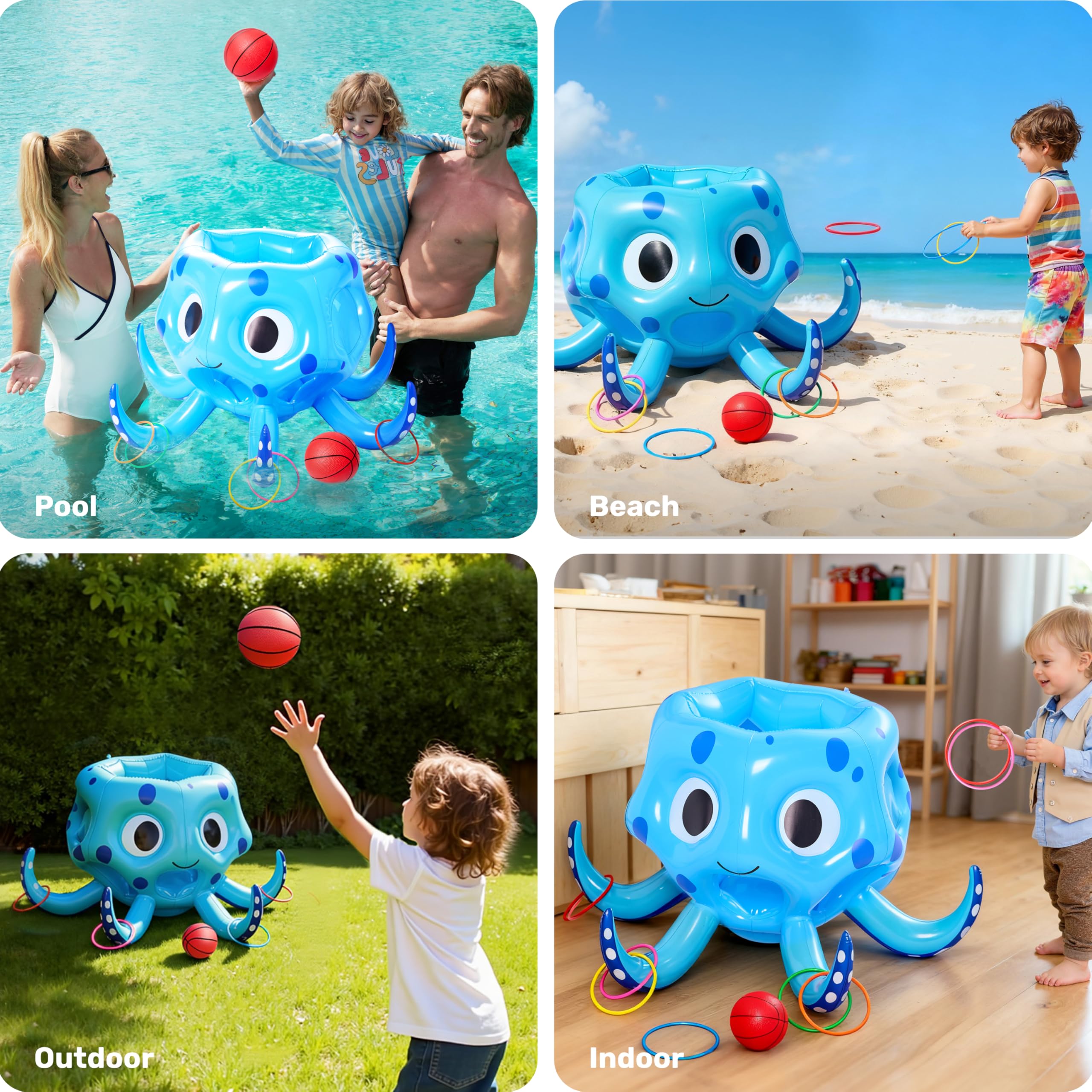 Sloosh Aufblasbare Octopus Pool Spielzeug, 2-in-1 aufblasbare Schwimmer Wasser Spiel, Basketball Hoop Ring Toss Outdoor Schwimmen Spielen, Toss Spiel schwimmende Schwimmbad Spiele für Kinder