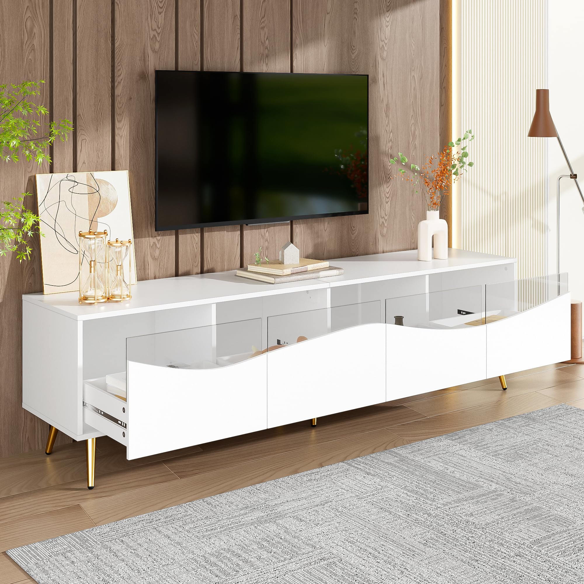 Meuble TV 180 cm avec LED, façade en verre, espace de rangement et pieds en métal doré, blanc pour salon