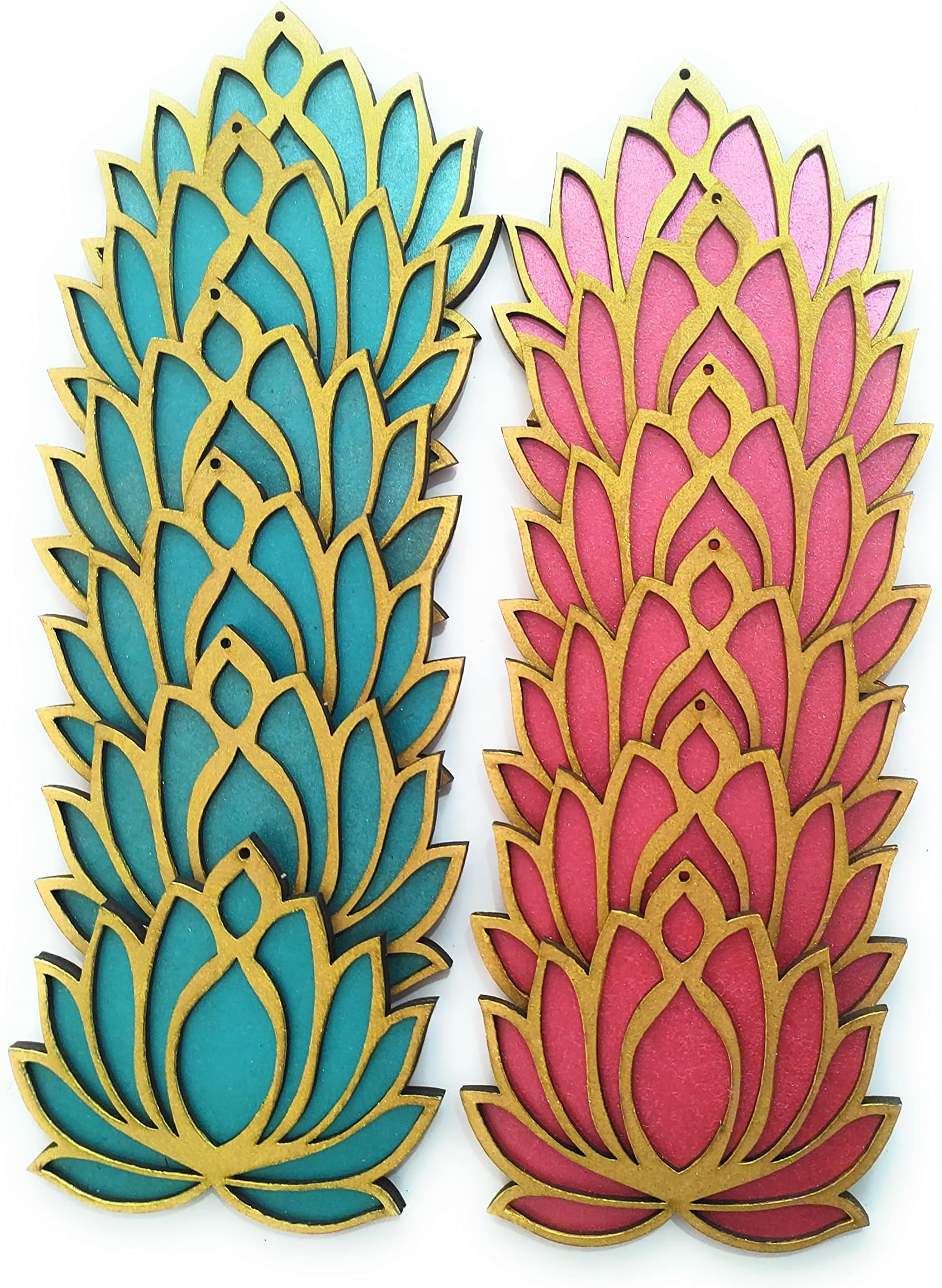 Set of 12 Golden Frame Lotus Flower Wooden Cutout. 6 with Rose Pink Base. 6 with Ocean Blue Base. Festive DIY Craft Material Kit. Decoration for Diwali, Dashera, Rangoli,Pooja, Wedding