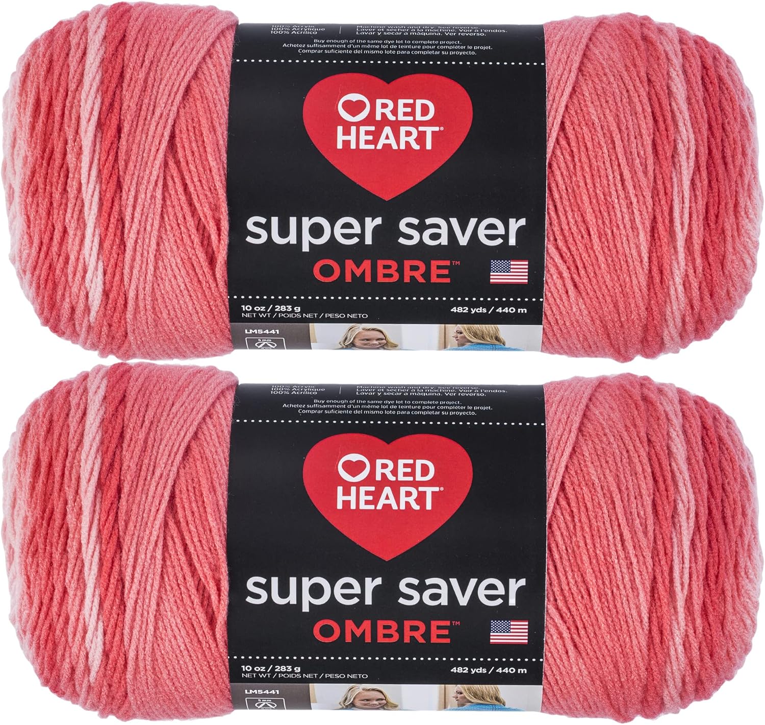 Red Heart Super Saver Jumbo Sea Coral Ombre Yarn - 2 Pack of 283g/10oz - Acrylic - 4 Medium (Worsted) - 482 Yards - Knitting/Crochet