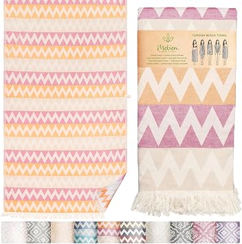 Turkish Beach Towel 35x67 100% Cotton Quick Dry, Lightweight Oversized Beach Towel for Pool & Travel Zig Zag Orange Color
