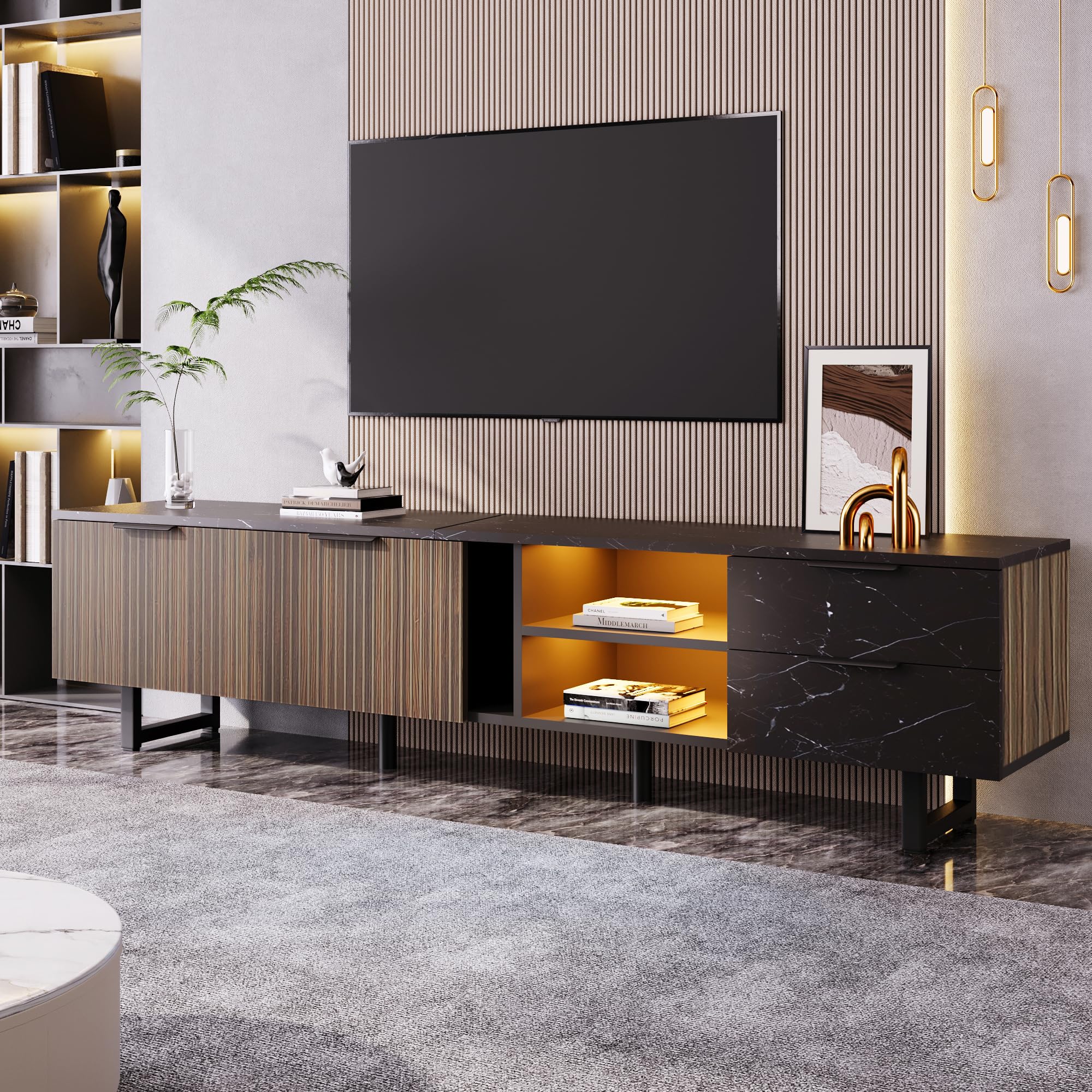 Azkoeesy Mobile TV 200 cm con luce a LED, con venature del legno scuro e effetto marmo, gambe in metallo, moderno mobile basso/mobile TV per soggiorno