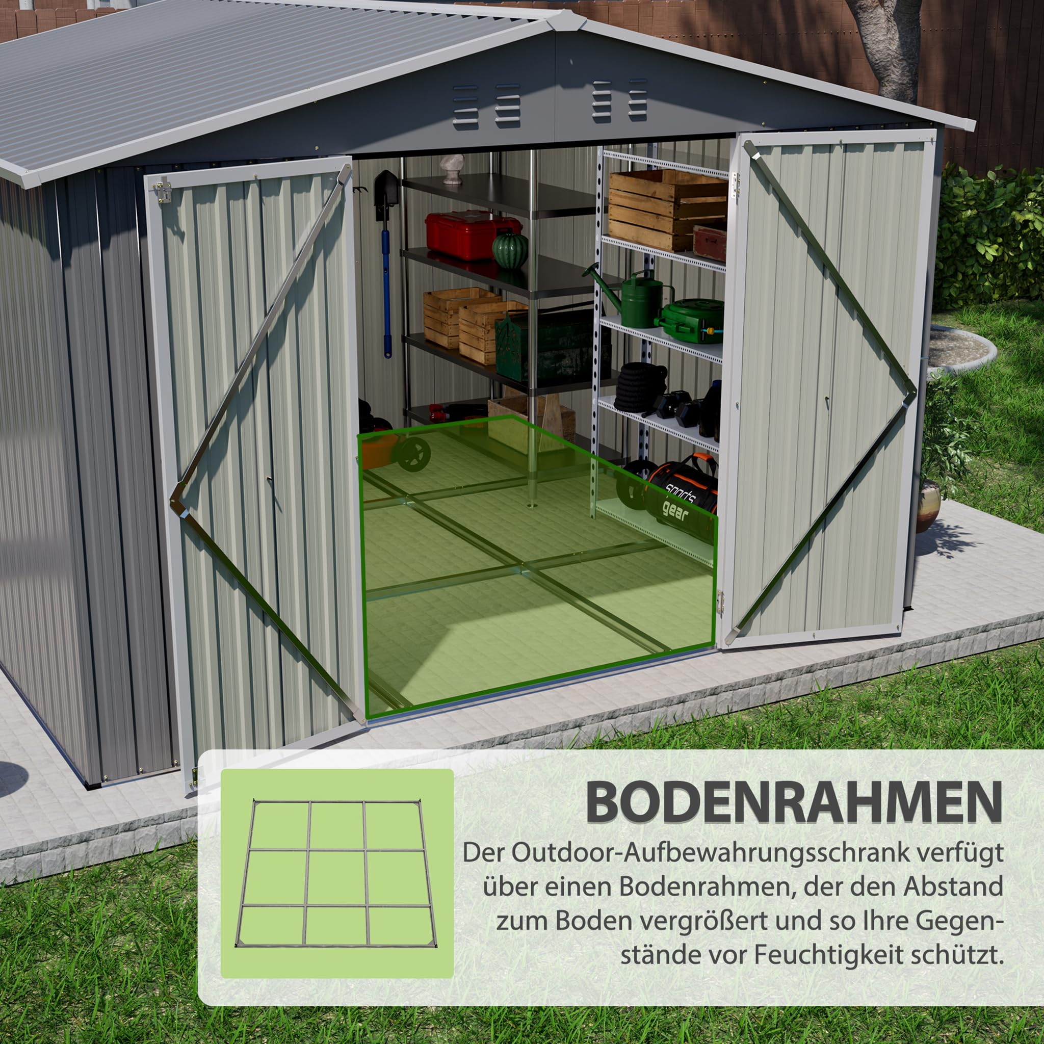 Metall Gerätehaus 300x300 cm Anthrazit, abschließbarer Gartenschuppen mit Bodenrahmen, wetterfester Stahl Geräteschuppen, Fahrradgarage