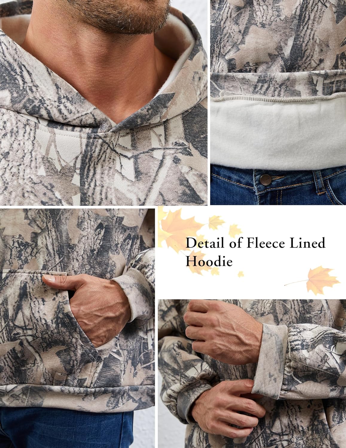 Mens Camo Hoodies Maple Leaf Print Oversized Hooded Sweatshirt Fleece Pullover Sweatshirts Long Sleeve with Pocket - Image 7