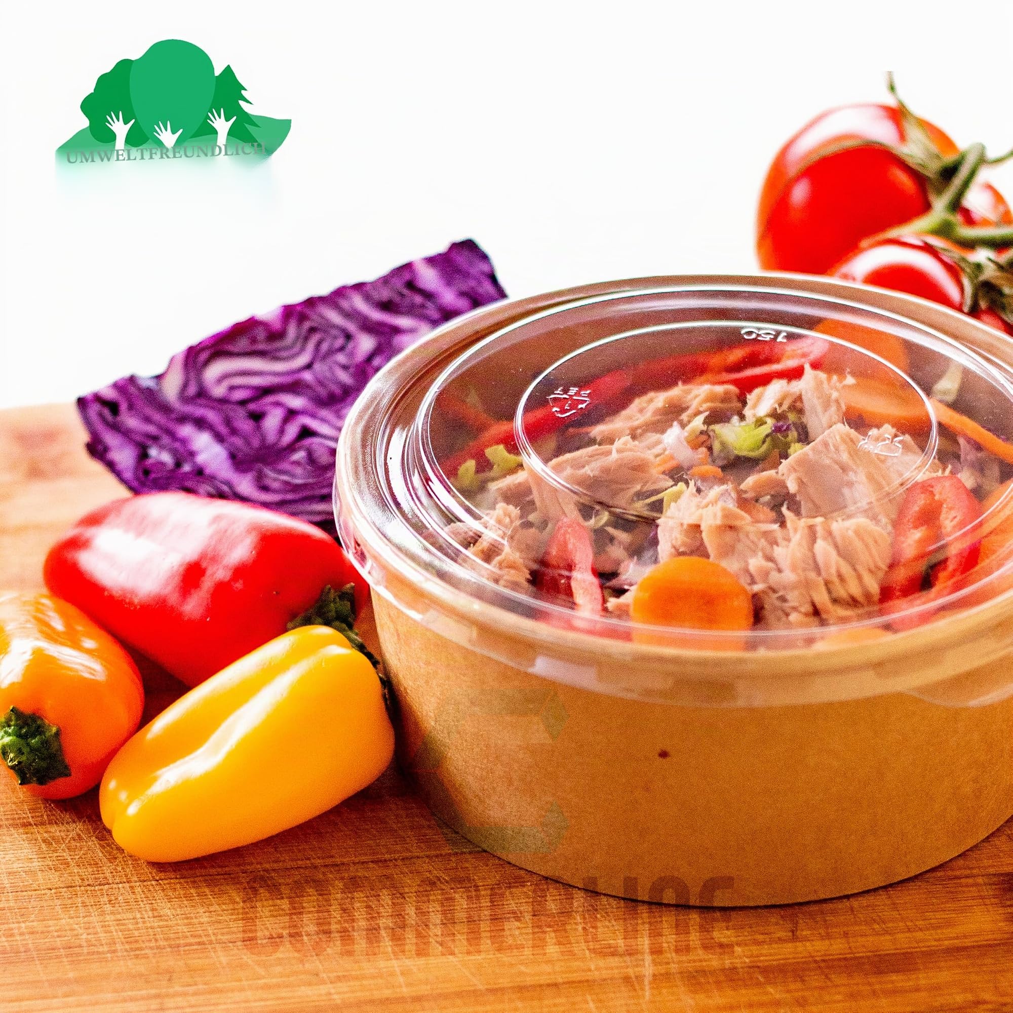 Commerline Salad Bowl, 1300 ml Salatschale mit Deckel, 200 Stück Braun | Bio Kraftkarton, Einwegschalen, robuste Kartonschale, Salatbox für Gastronomie, Take-away, Catering, Salat To Go