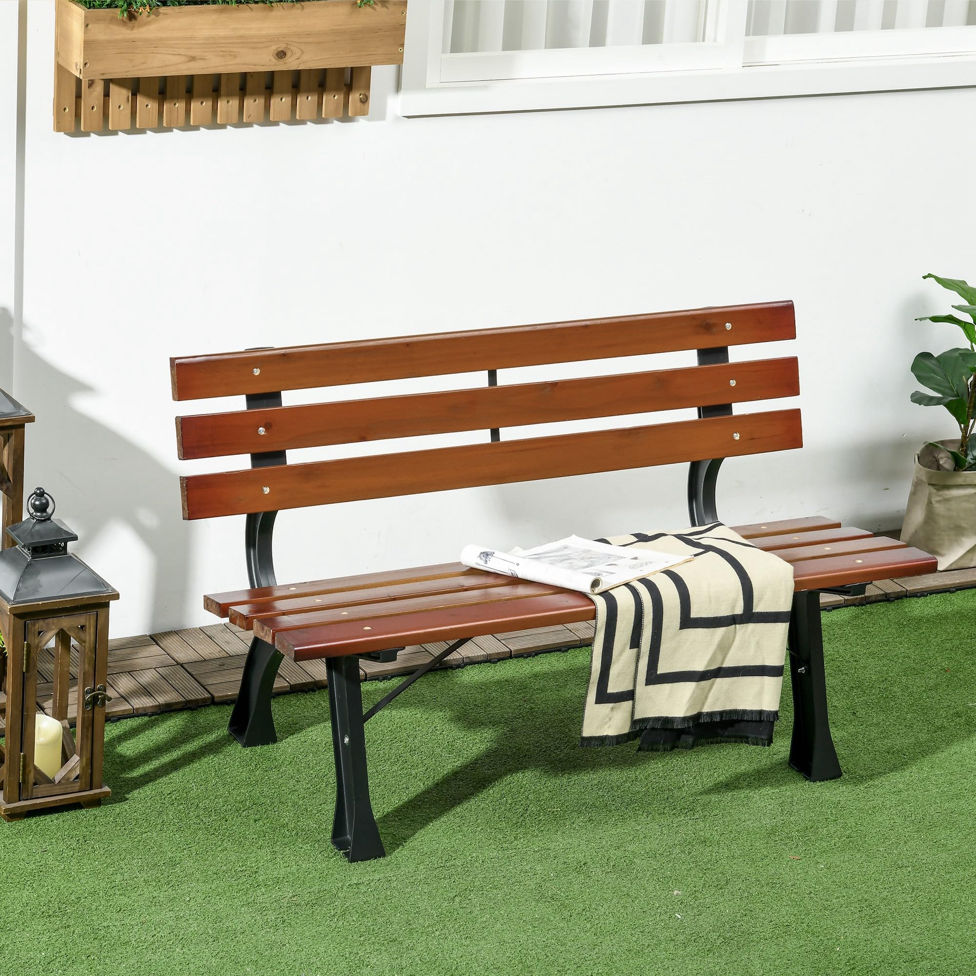 Outsunny Banc de Jardin extérieur 2 Places en Aluminium et Lattes de Bois, dim. 120L x 57l x 70H cm