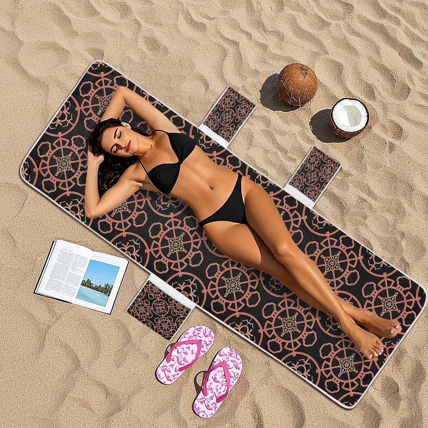 Ethnic Geometric Pattern Red Black Chaise Lounge Cover Soft Sturdy Patio Chaise Lounge Chair Towels with Pockets for Outdoor Pool Beach Sunbathing, 85" X 30"