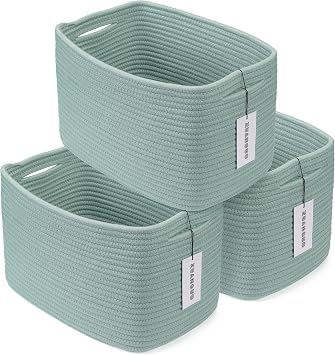 XUANGUO Woven Cotton Rope Storage Baskets 15x10x9.3" 3 Pack Green | Decorative rectangular storage baskets for shelves and closets; storage bins organize clothes, toys, books and nursery items.