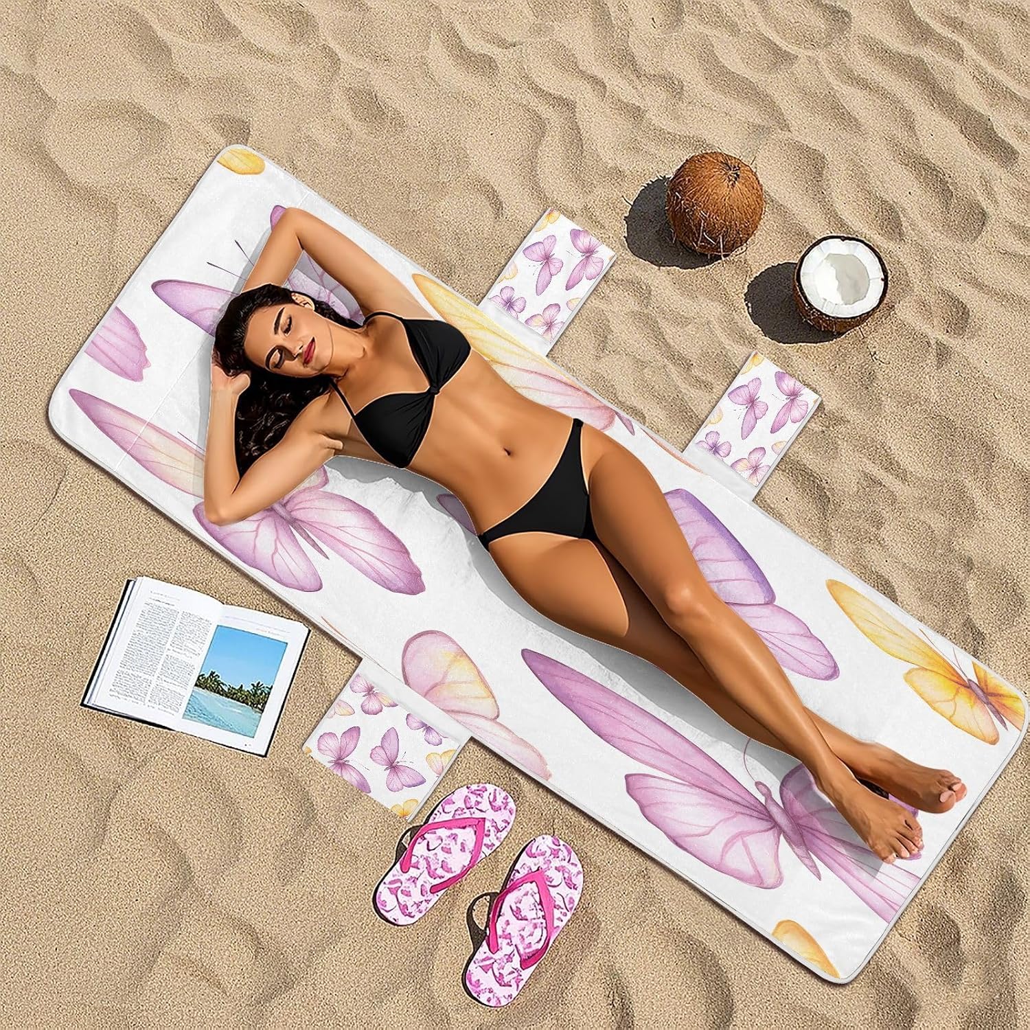 YETTASBIN Lounge Chair Towel Cover 85 x 30 Inch, Pink Purple Butterflies Soft Breathable Patio Chaise Lounge Cover Quick Drying Beach Pool Chair Cover with Side Pockets for Garden, Hotel, Sun Loungers