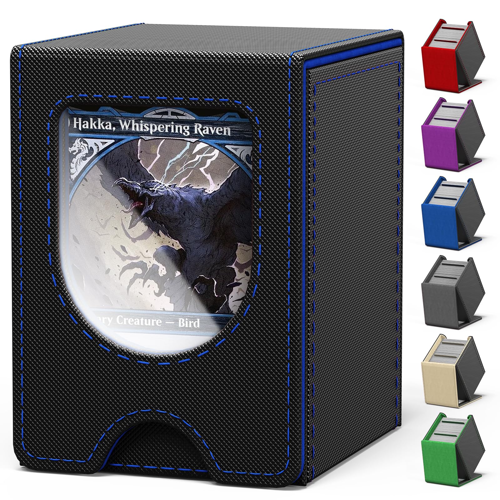 Card Deck Box for MTG Commander, Card Case Holds 100+ Double-Sleeved Cards, Magic Card Box Fits for TCG/PTCG/CCG Card with 2 Dividers (Black&Blue)
