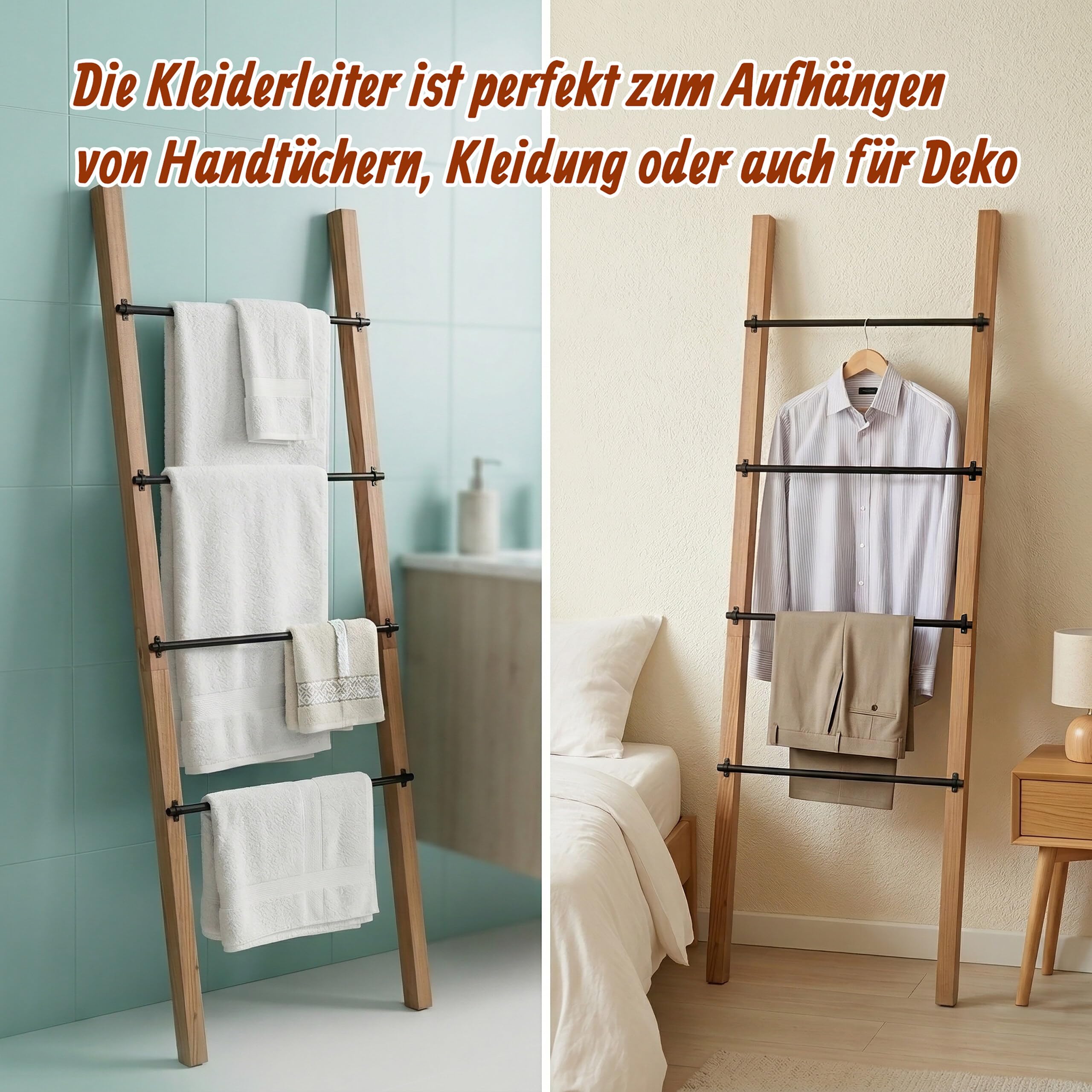 Relaxdays Handtuchleiter, 4 Sprossen, HxB: 160 x 55,5 cm, Natur/schwarz