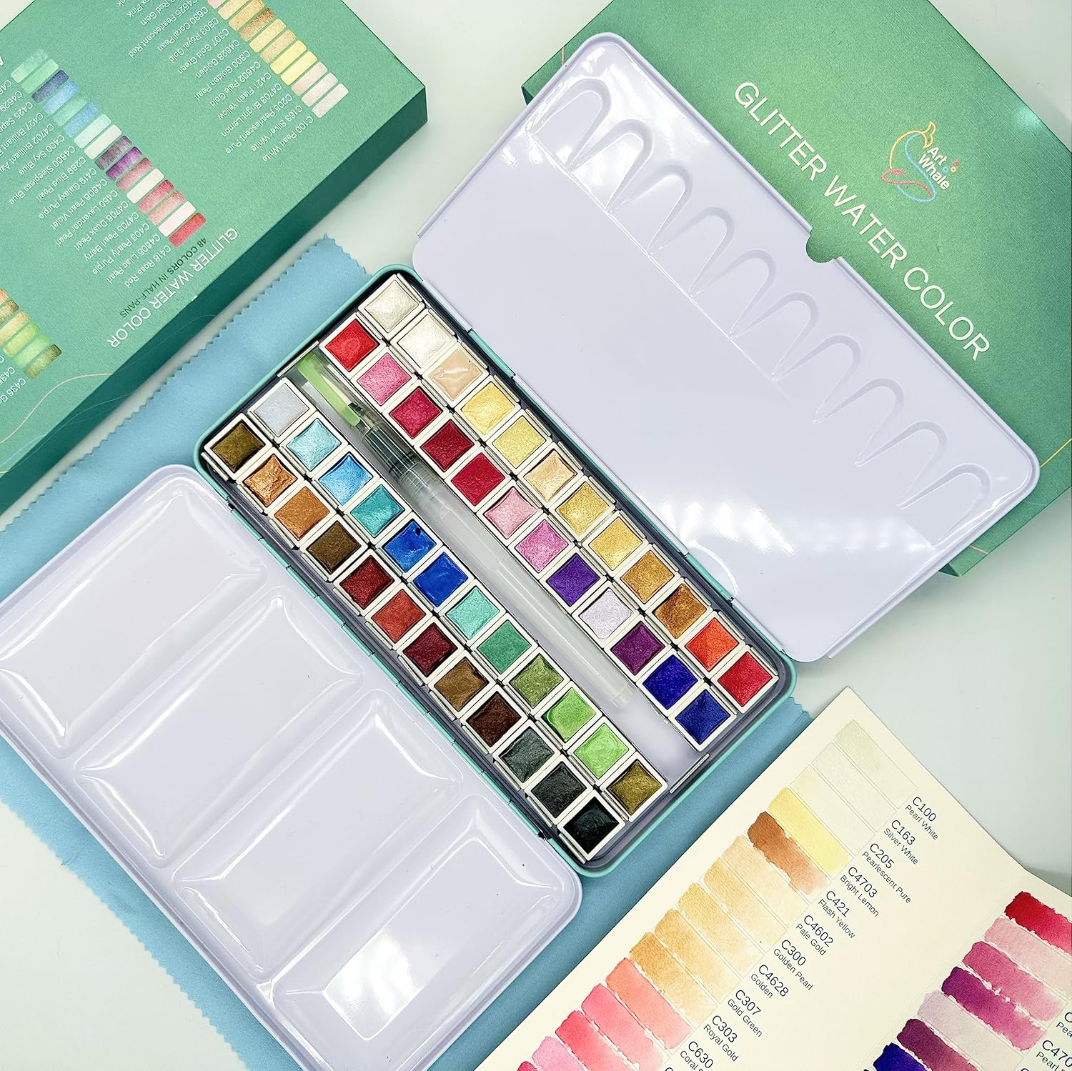 Metallic Watercolor 48 Colors|Tin Box & Waterbrush |Intense Pigments, Smooth Blend
