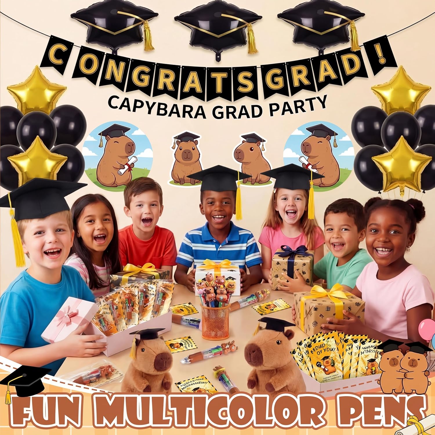 Crtiin 24 Sets Graduation Gifts for Students Bulk, Mini Multicolor 4-in-1 Ballpoint Pens with Inspirational Cards, Graduation Party Favors Exchange Gifts Bulk End of Year(Capybara)