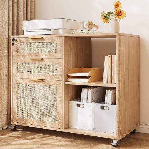 INNOD 3 Drawer Rattan Mobile Filing Cabinet with Lock, Lateral Rolling Under Desk File Cabinet, Wooden Printer Stand Table for Home Office Essentials Storage Organization Furniture Letters/A4