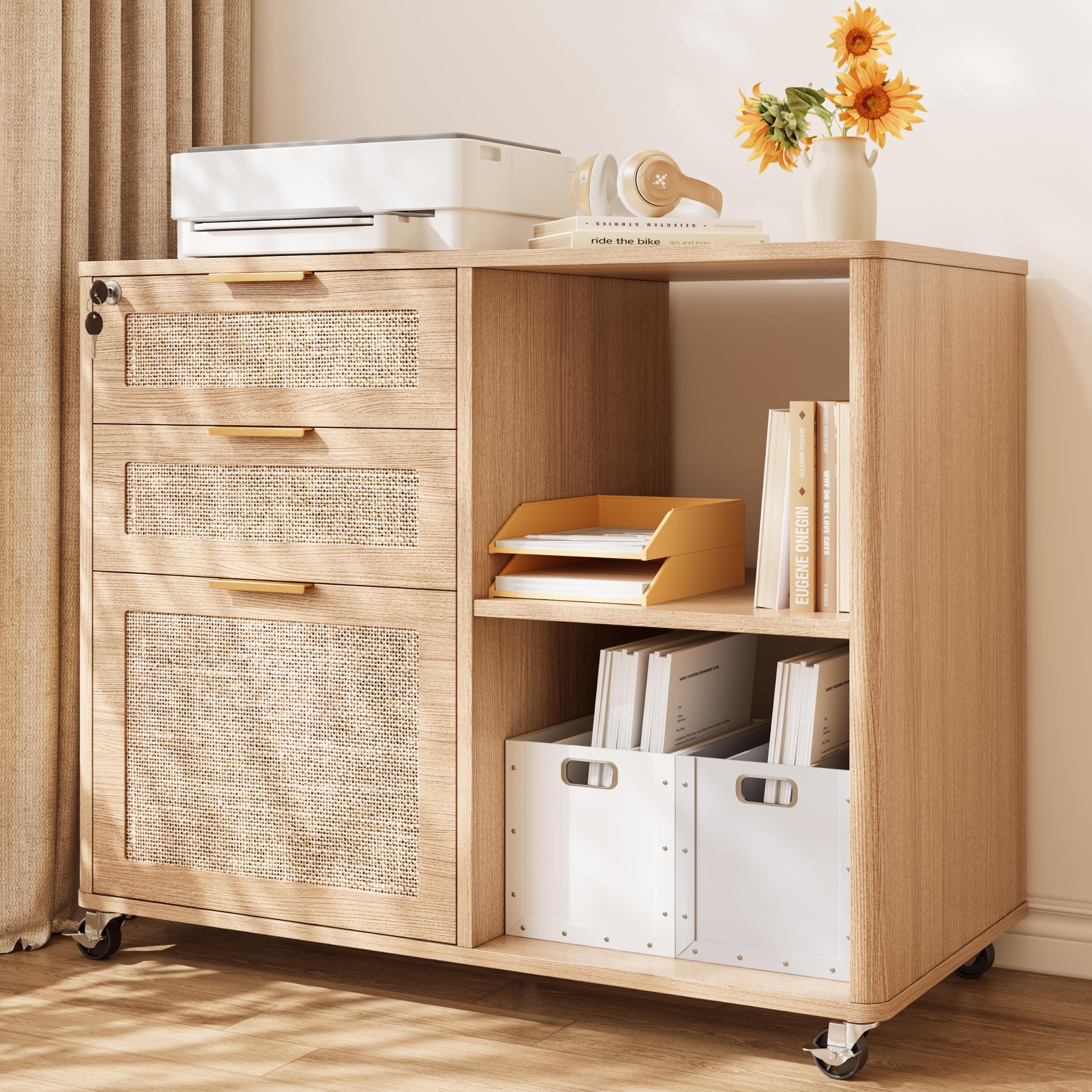 INNOD 3 Drawer Rattan Mobile Filing Cabinet with Lock, Lateral Rolling Under Desk File Cabinet