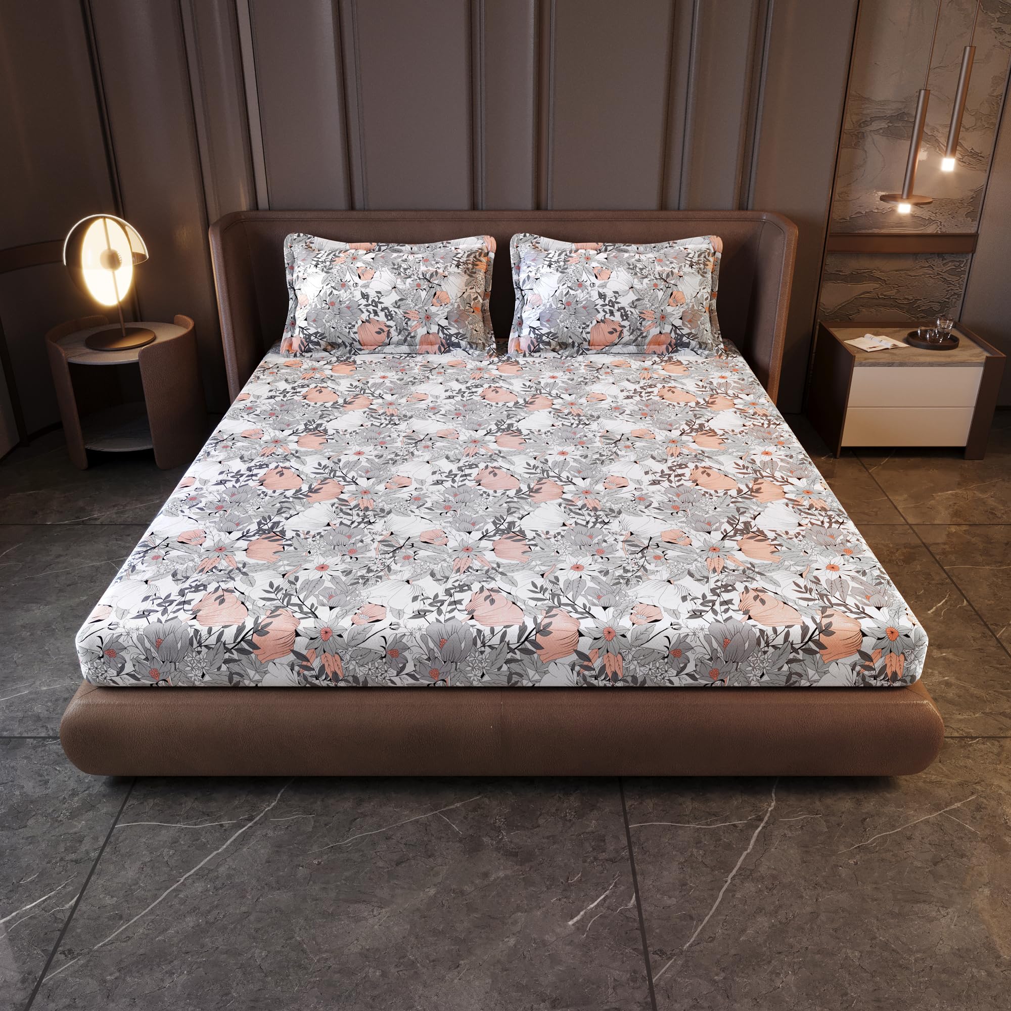 Divine Casa 144 TC 100% Cotton King Size Bedsheet with 2 Pillow Covers | Soft Breathable Wrinkle Resistant Bedding Set | Modern Printed Bed Sheet for Bedroom | 270 x 270 cm (Rose Grey, Floral)