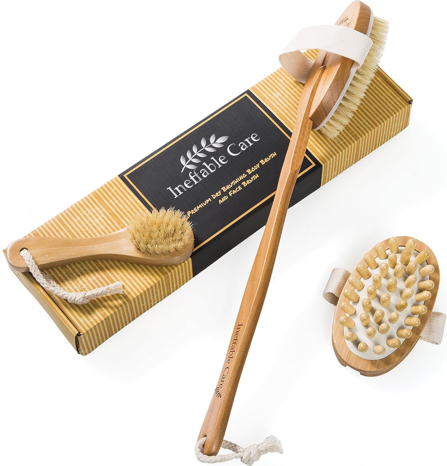 Dry Brushing Body Brush for Dry Skin Brushing & Exfoliating with 100% Natural Boar Bristles & Long Handle kit - Back Brush Scrubber, Bath & Shower Brush, Face Brush, Cellulite Massager Brush Gift Set