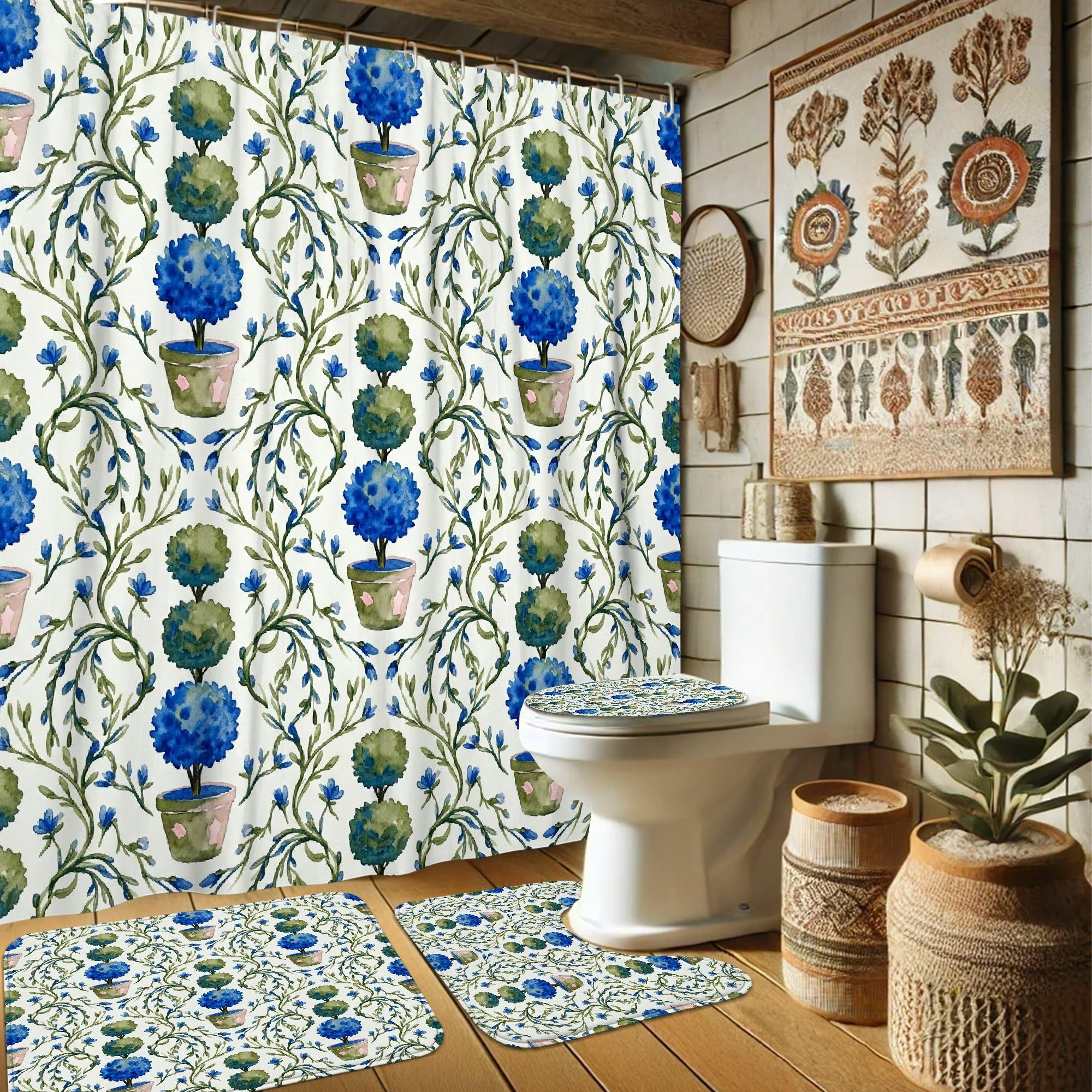 Ensemble rideau de douche bleu printemps avec tapis de bain anti-eau