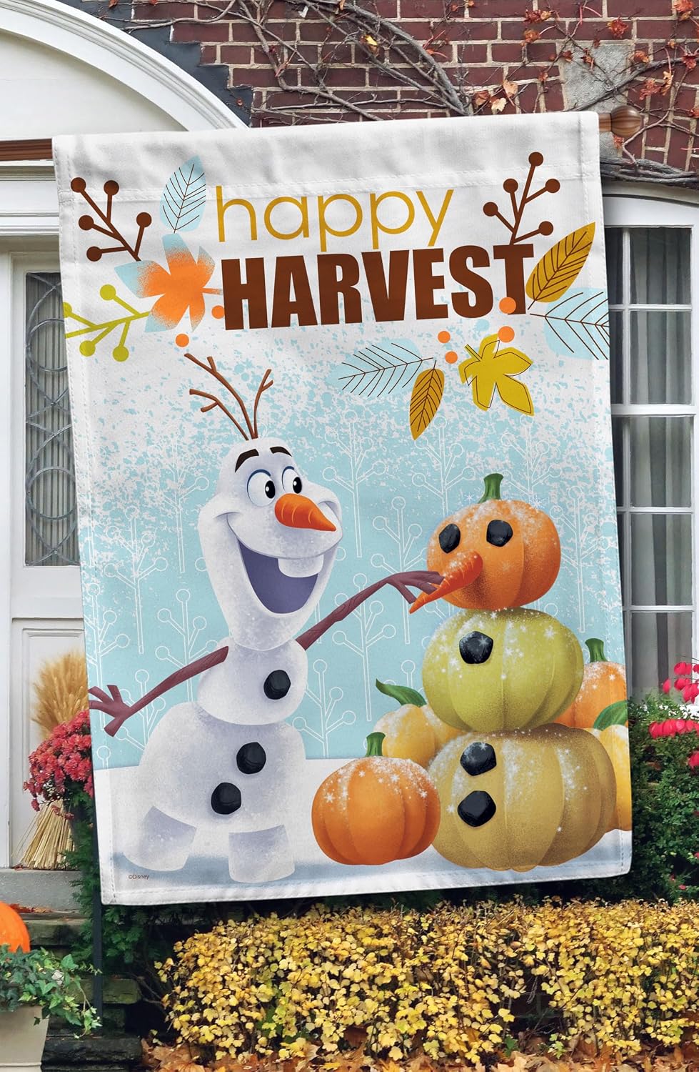 Flagology.com, Disney Happy Harvest Olaf – House Flag 28" x 40", Outdoor Flag, Exclusive Premium Fabric, Officially Licensed Disney, Fall, Autumn