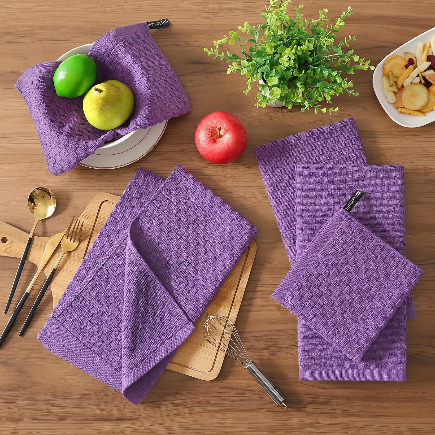 Homaxy 100% Cotton Terry Kitchen Towels(15" x 25", 6 Pack), Soft and Super Absorbent Dish Towels, 380 GSM Reusable Tea Towel with Hanging Loop, Pineapple Grid Designed, Purple