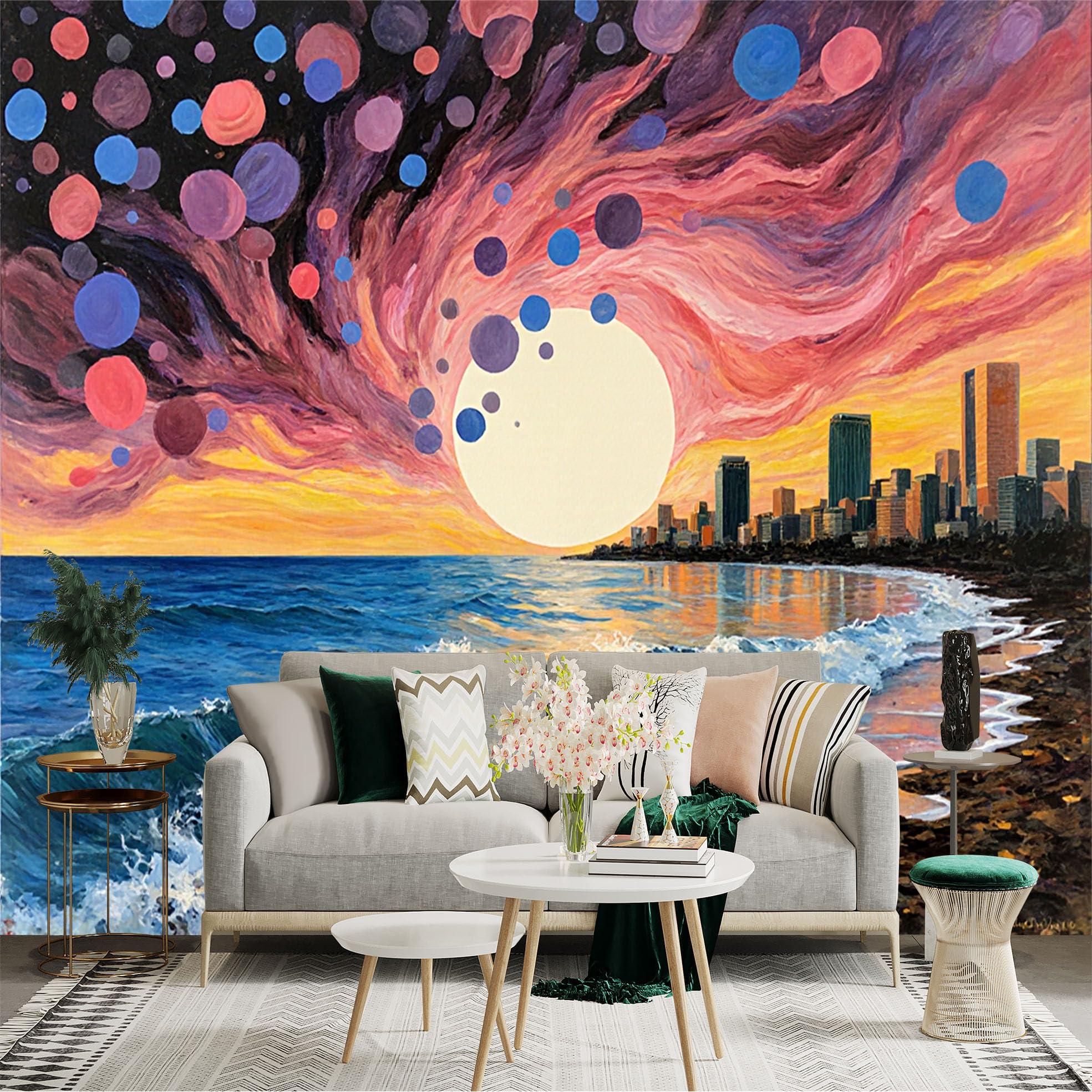 Lnzczhyre Xc260505412 Custom Size Wall Sticker Mural， Surreal Sunset Cityscape， Abstract Cosmic Sky With Floating Orbs， Ocean Waves And Coastal Skyline， For Wall Decoration， Peelandstick Wall Decals.