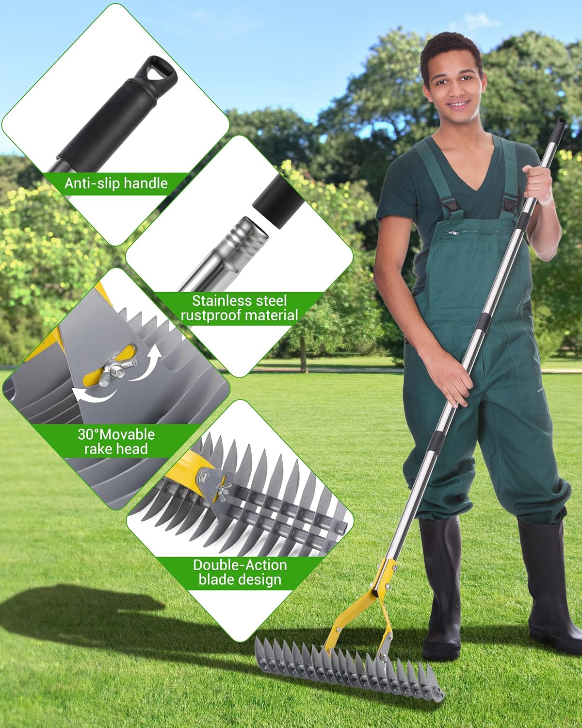 Thatch Rake,Dual-Sided Lawn Dethatcher with Stainless Steel Tines Efficient Thatching Tool for Removing Dead Grass & Moss Heavy Duty & Ergonomic Handle thumbnail