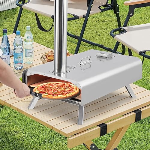 Miniatura 6 de Horno de pizza para exteriores de 16 pulgadas, portátil de pellets de madera y horno multicombustible con piedra para pizza, pelar, termómetro y