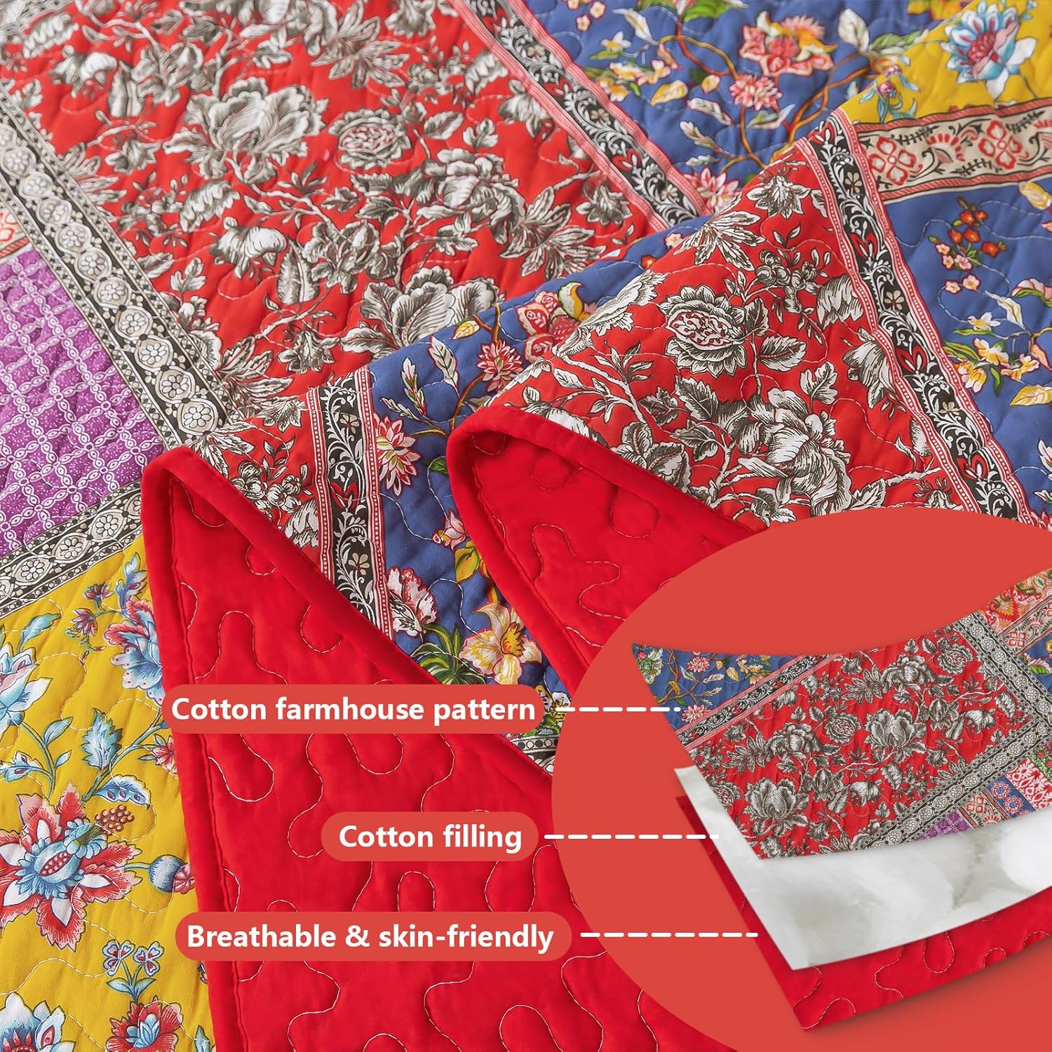 BEDIFANY Cotton Queen Quilt Set - Vintage Farmhouse Bedspread with Vibrant Floral Pattern, 3-Piece Lightweight Coverlet (90x98 Inch) + 2 Pillow Shams, All Seasons Multicolor Quilt Bedding Set - Image 4