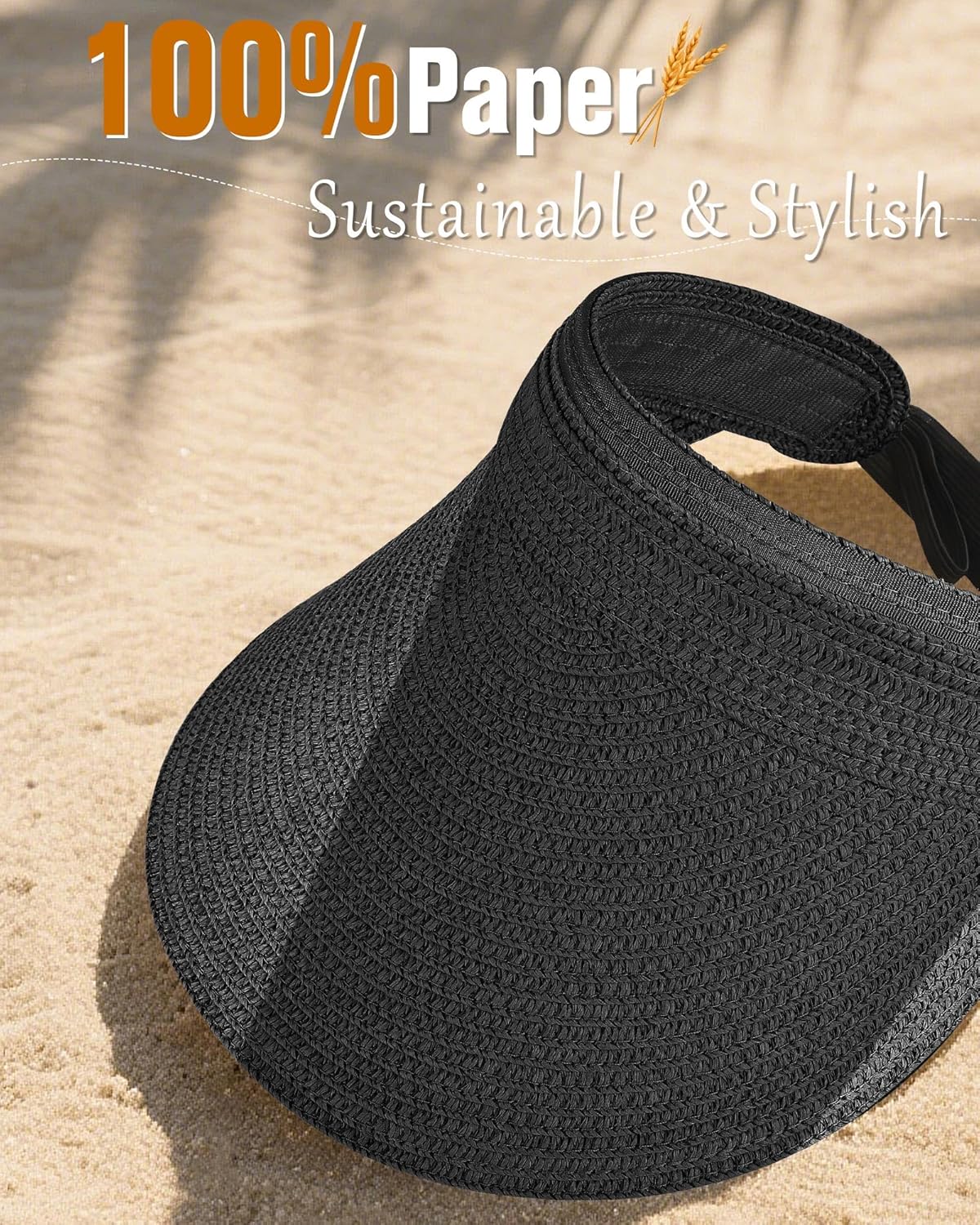 Sun Visor Hats for Women, UV Protection Straw Sun Hat, Packable Ponytail Beach Hat for Summer Travel & Outdoor Activities - Image 3