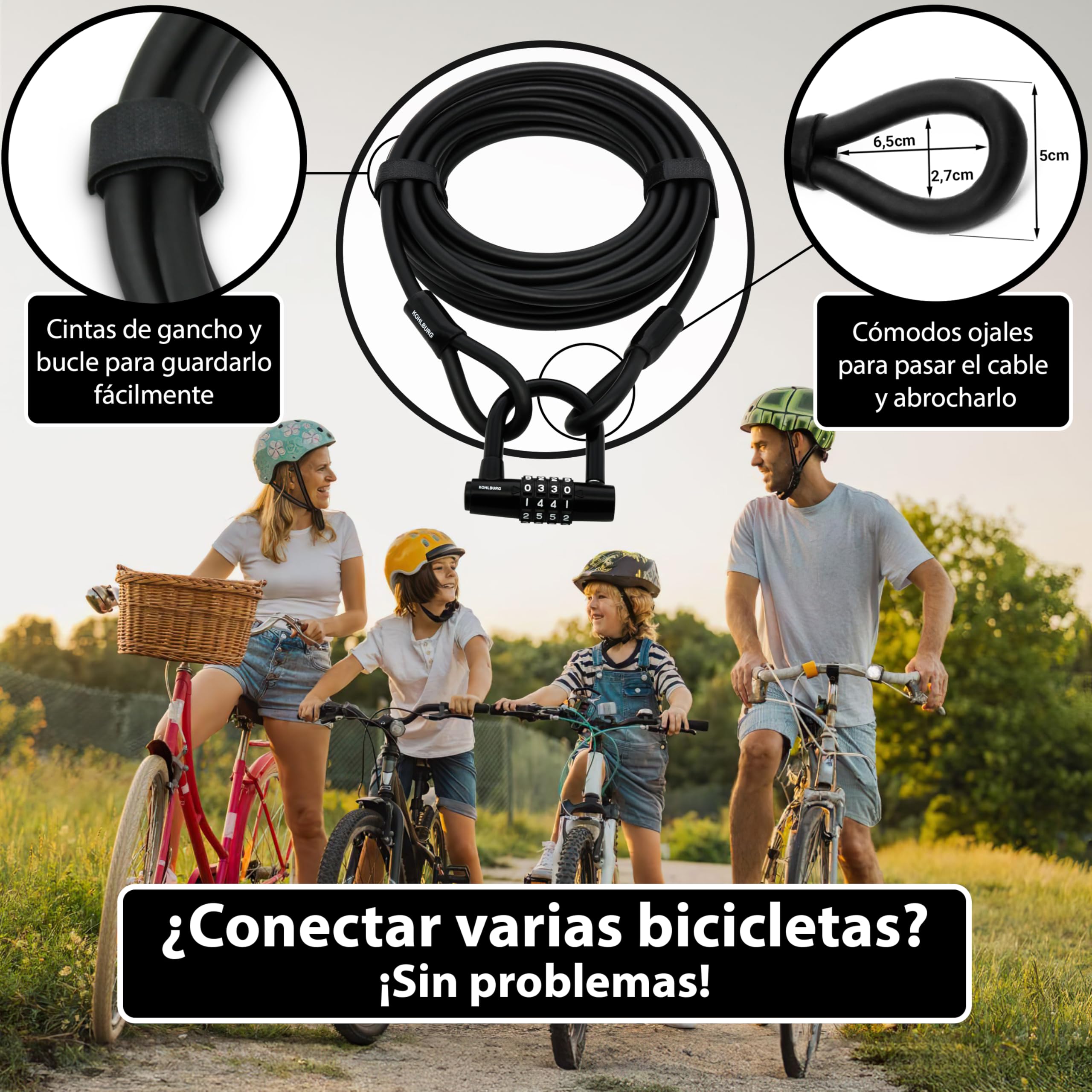 KOHLBURG Candado de cable con combinación [10 metros de largo] – Cable de acero de 10m revestido, con correas y candado de combinación – para varias bicis, embarcaciones, muebles de jardín