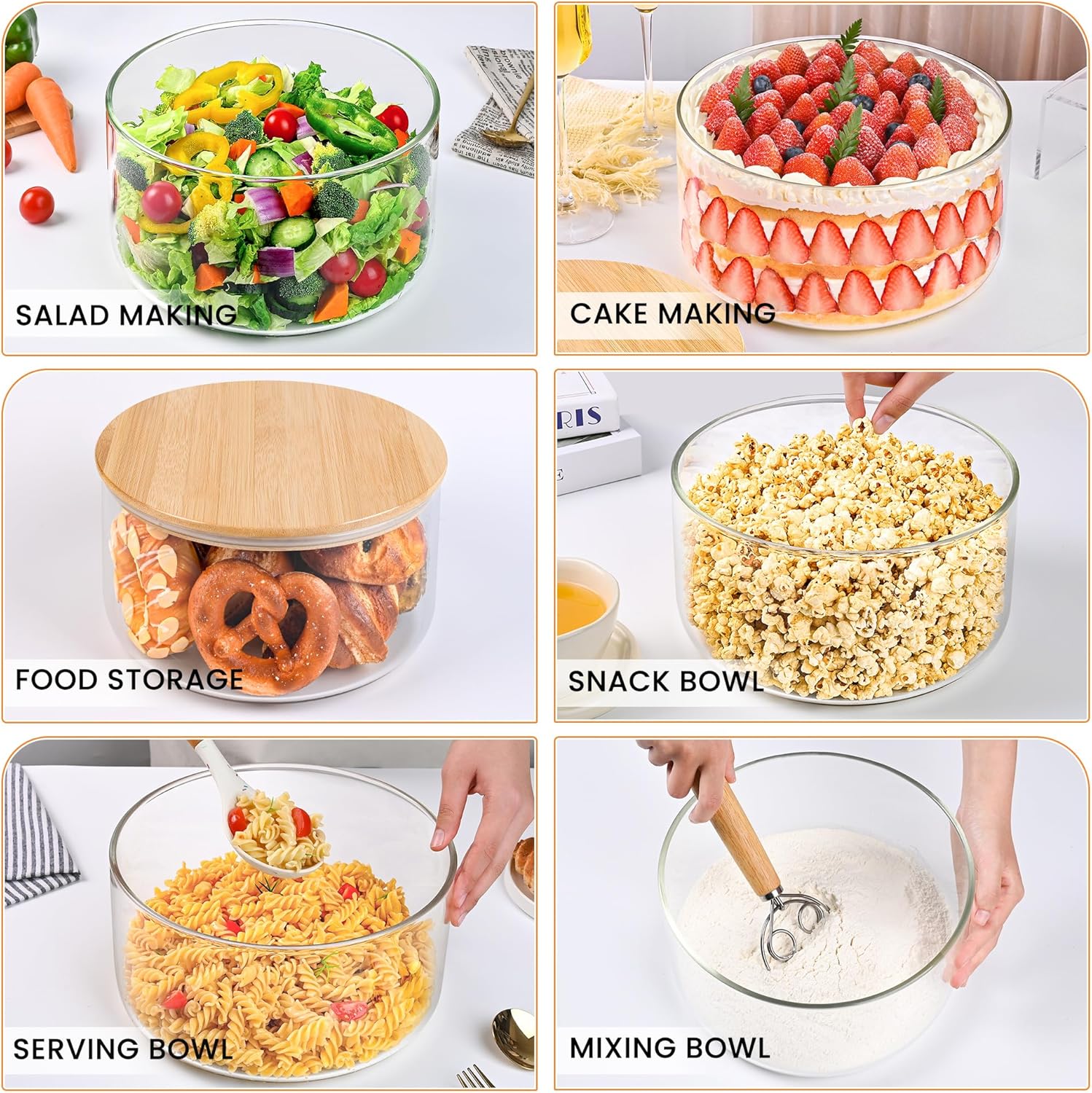 Glass Trifle Bowl with Bamboo Lid, 197 oz Large Glass Salad Bowl - Versatile Mixing and Serving Dish for Cake, Salad, Fruit, Baking, Dessert, Meal Prep, Storing, Microwave & Oven Safe