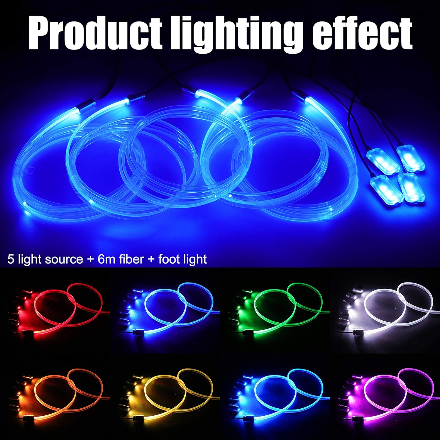 Car Interior Ambient Lighting Optic Fiber Cable RGB 64 Colors Multicoloured Music Car Footwell Lighting Kit with Cigarette Lighter and App Microphone, DC 12V-24V 1W 6m