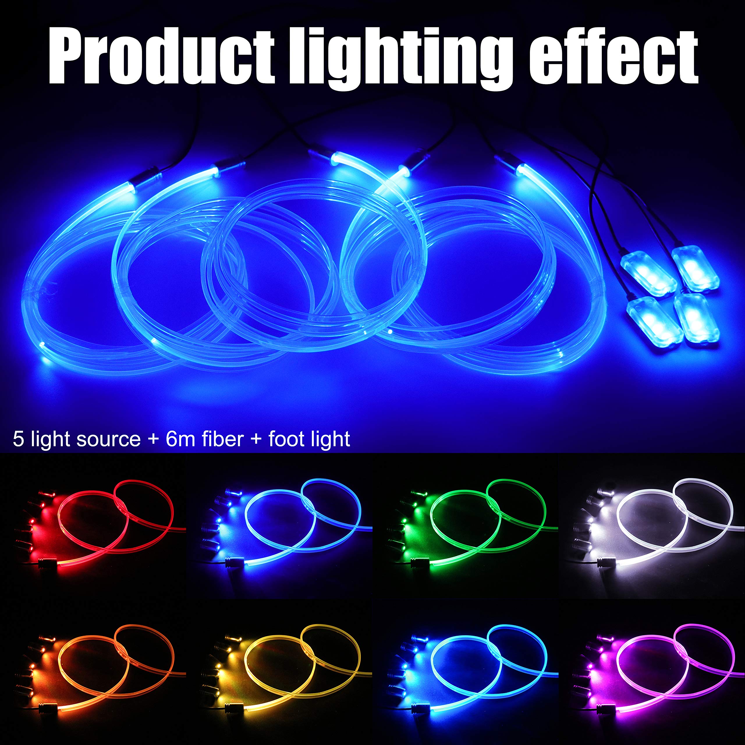 Lumières de Bande intérieure de Voiture, 5 en 1 Kit d'éclairage ambiant Voiture Multicolore RVB Footwell, Lumière de Tube néon à Fibre Optique EL de 6m, Sync Musique Télécommande RF + APP 12V