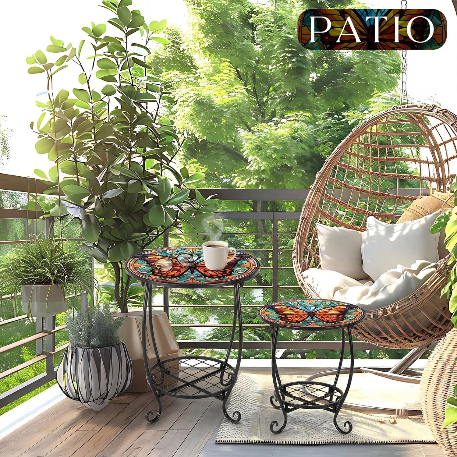 Cinnvoice 2 Pcs Outdoor Side Table Small Patio Round Mosaic Accent End Table Indoor Plant Metal Coffee Tea Tables for Patio Yard Porch Garden Living Room(12" and 16",Butterfly B Style)
