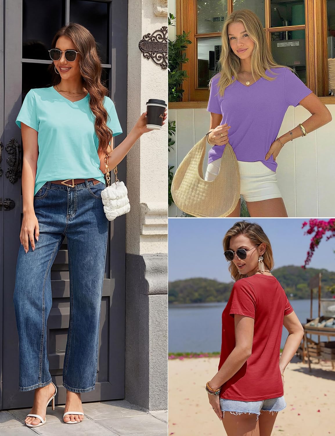 YUCOLEN Womens Shirts Cotton Summer Short Sleeve Tops V Neck Casual Basic Tee Breathable Soft Solid T-Shirt