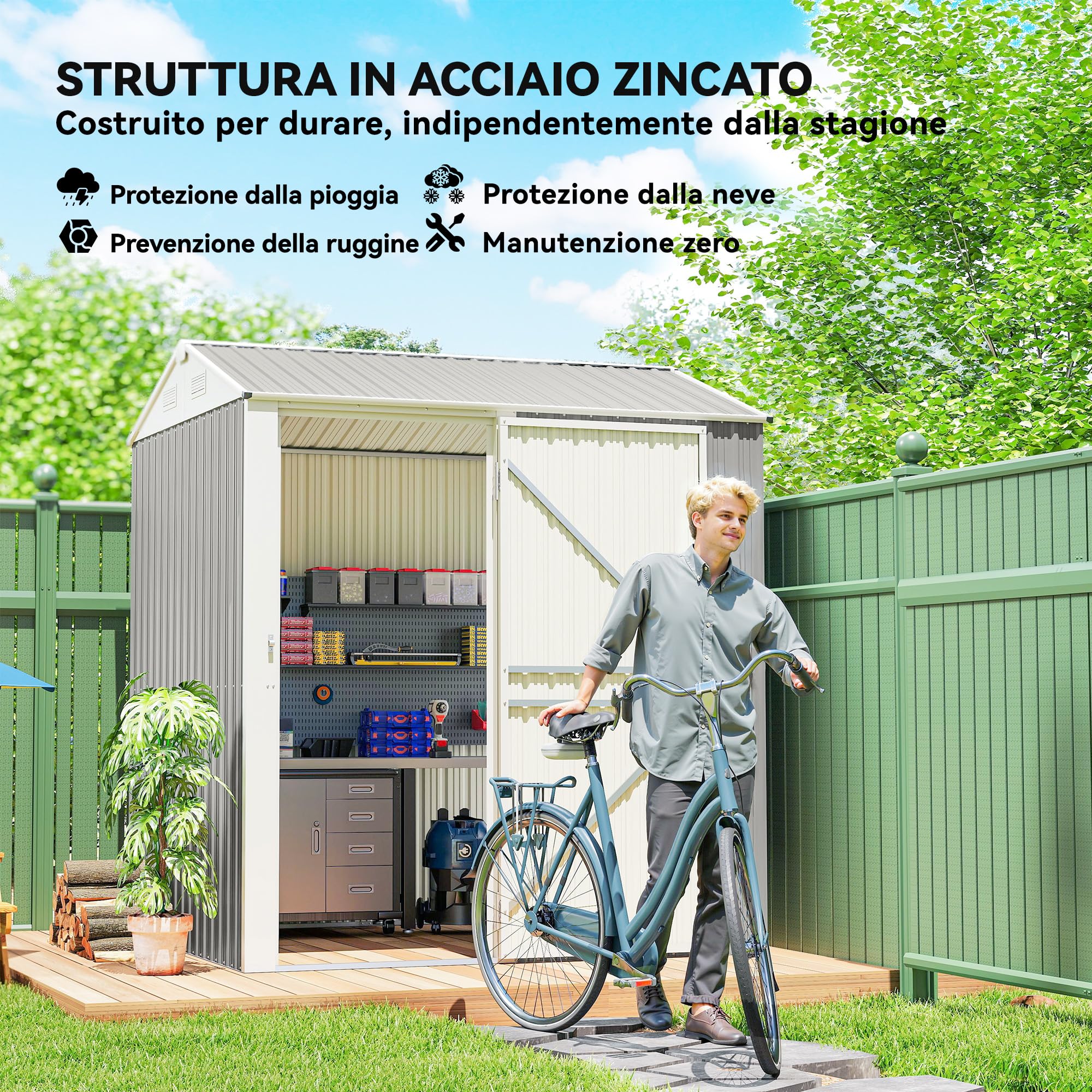 Outsunny Casetta da Giardino Alta 3.51m² in Acciaio Zincato con Prese d'Aria, Capanno da Giardino con Porta Bloccabile, Tetto Inclinato, Guanti, Capanno Porta Attrezzi, 209x177x236 cm, Grigio Argento